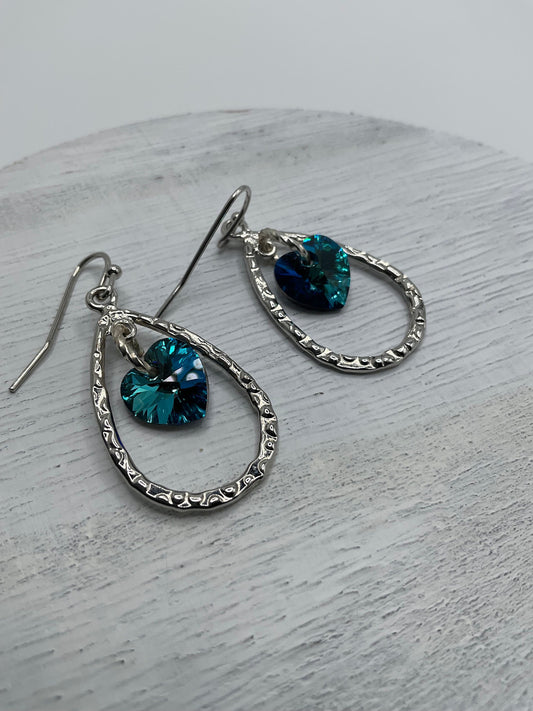 Silver Teal Heart Dangle Earrings