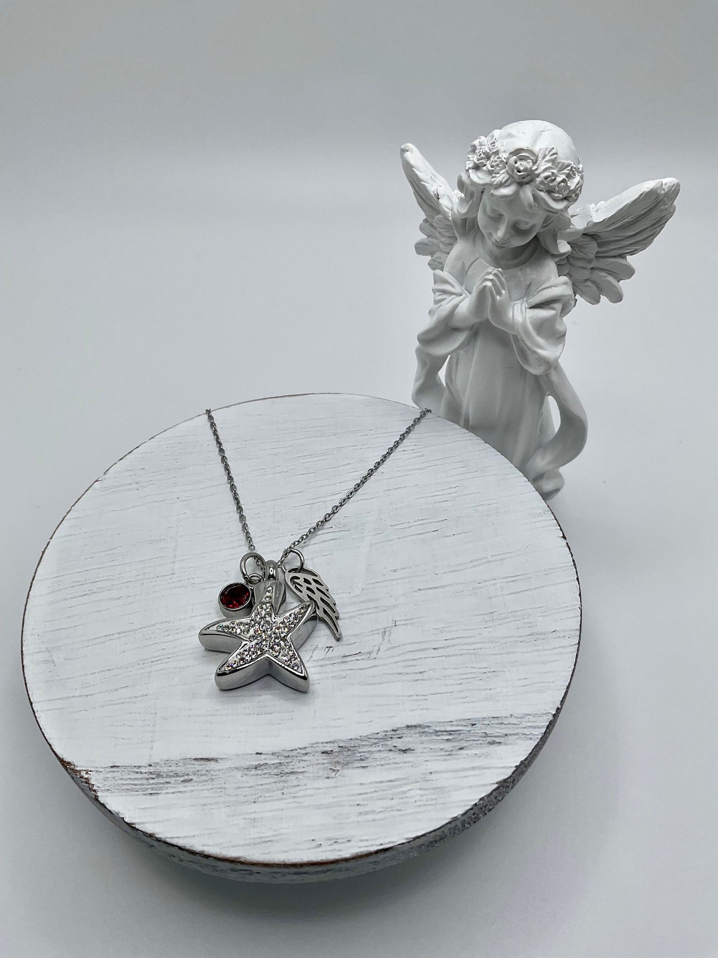 Silver Star with Rhinestones Ash Urn Necklace Charm Birthstone with Personalization for Male or Female Funeral Memorial