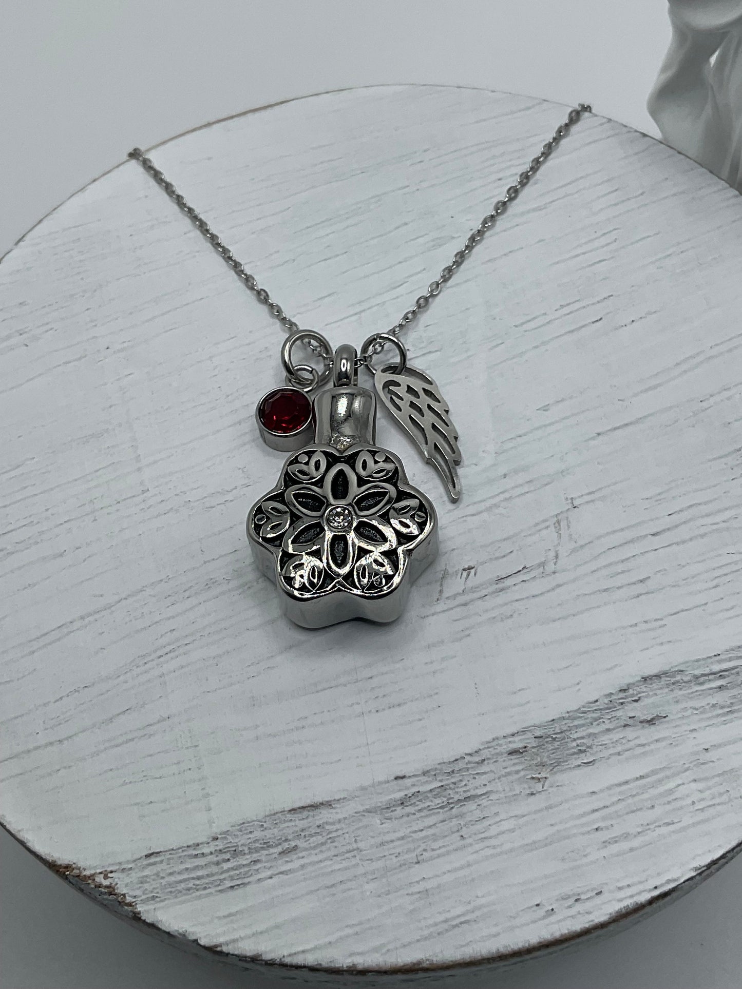 Silver Flower Ash Urn Necklace Jewelry Charm Birthstone with Personalization for Male or Female Funeral Memorial