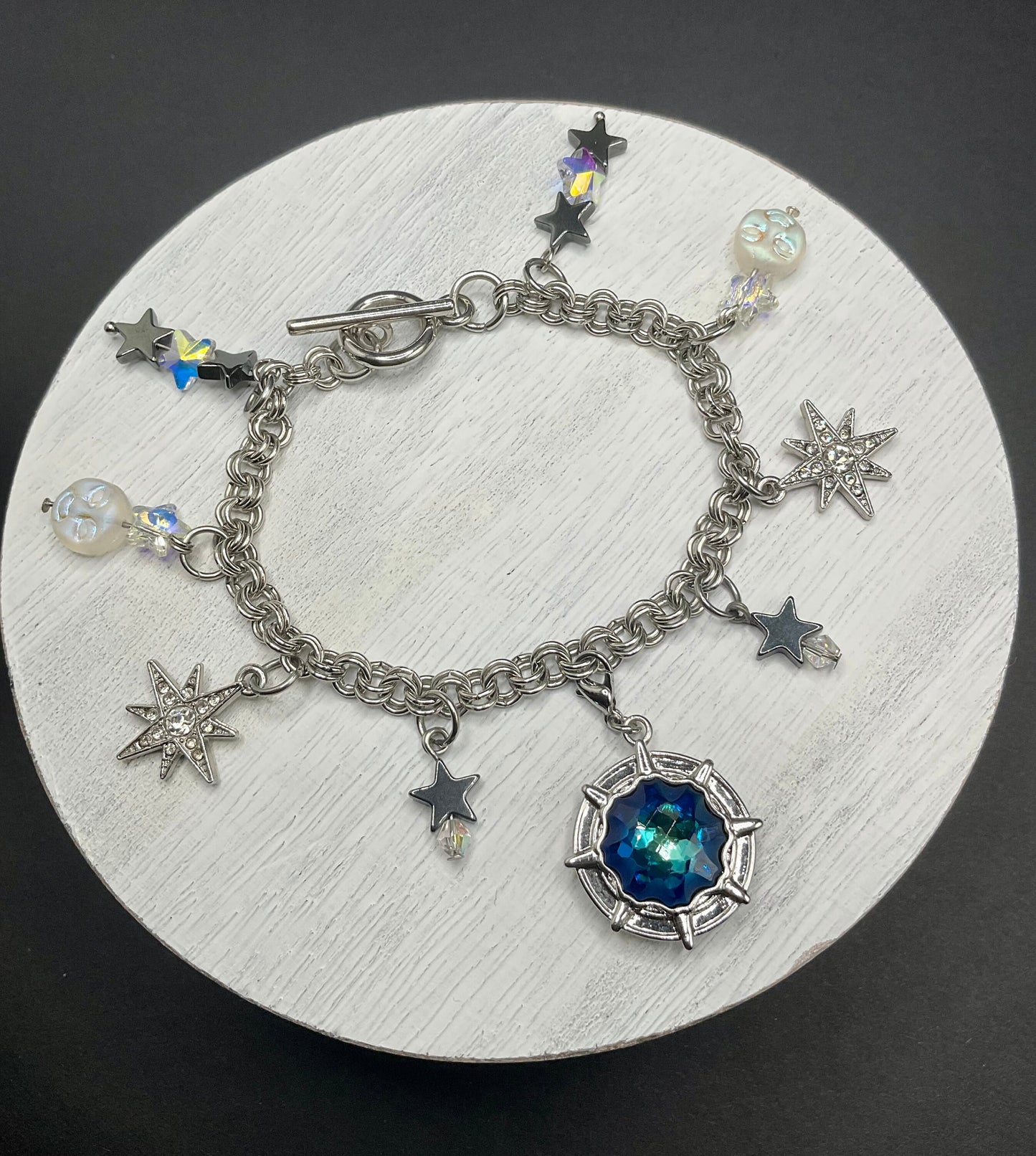 Star Moon Crystal Bracelet -Teal Green Aqua March Birthstone