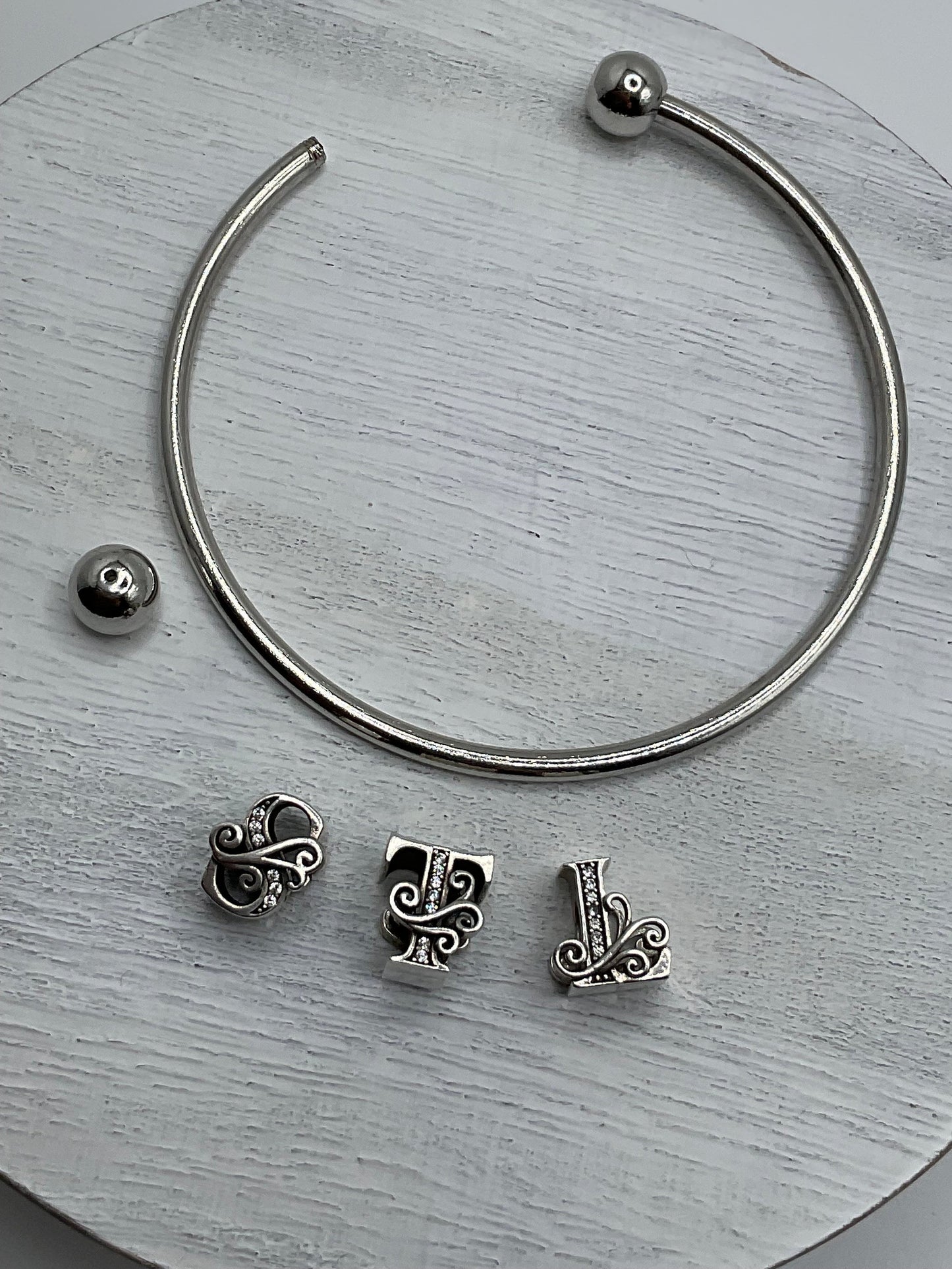 Silver and Stainless Steel Personalized Initial with Rhinestone Bracelet