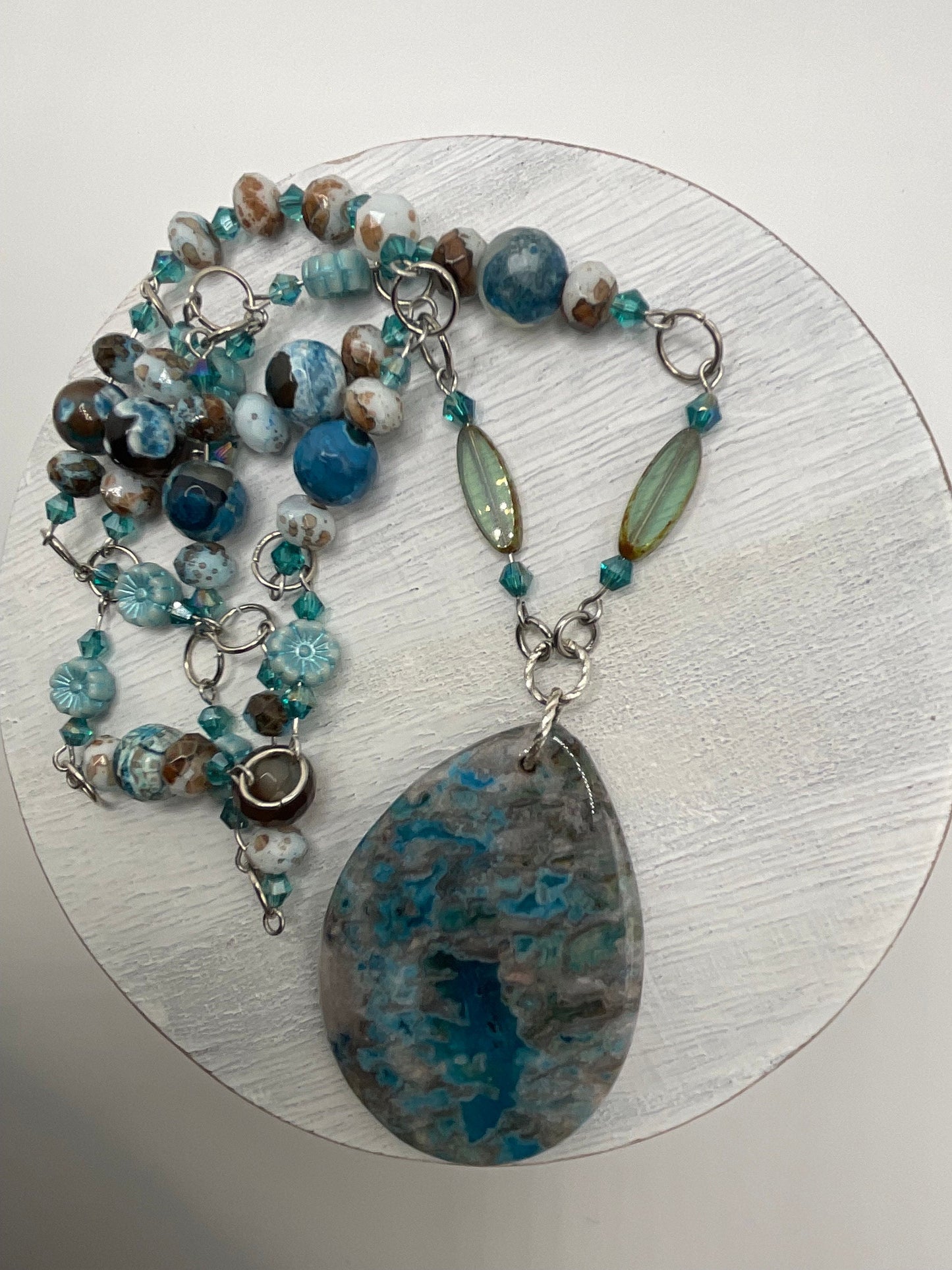 Teal Agate Natural Stone 24” Necklace with Teardrop Pendent