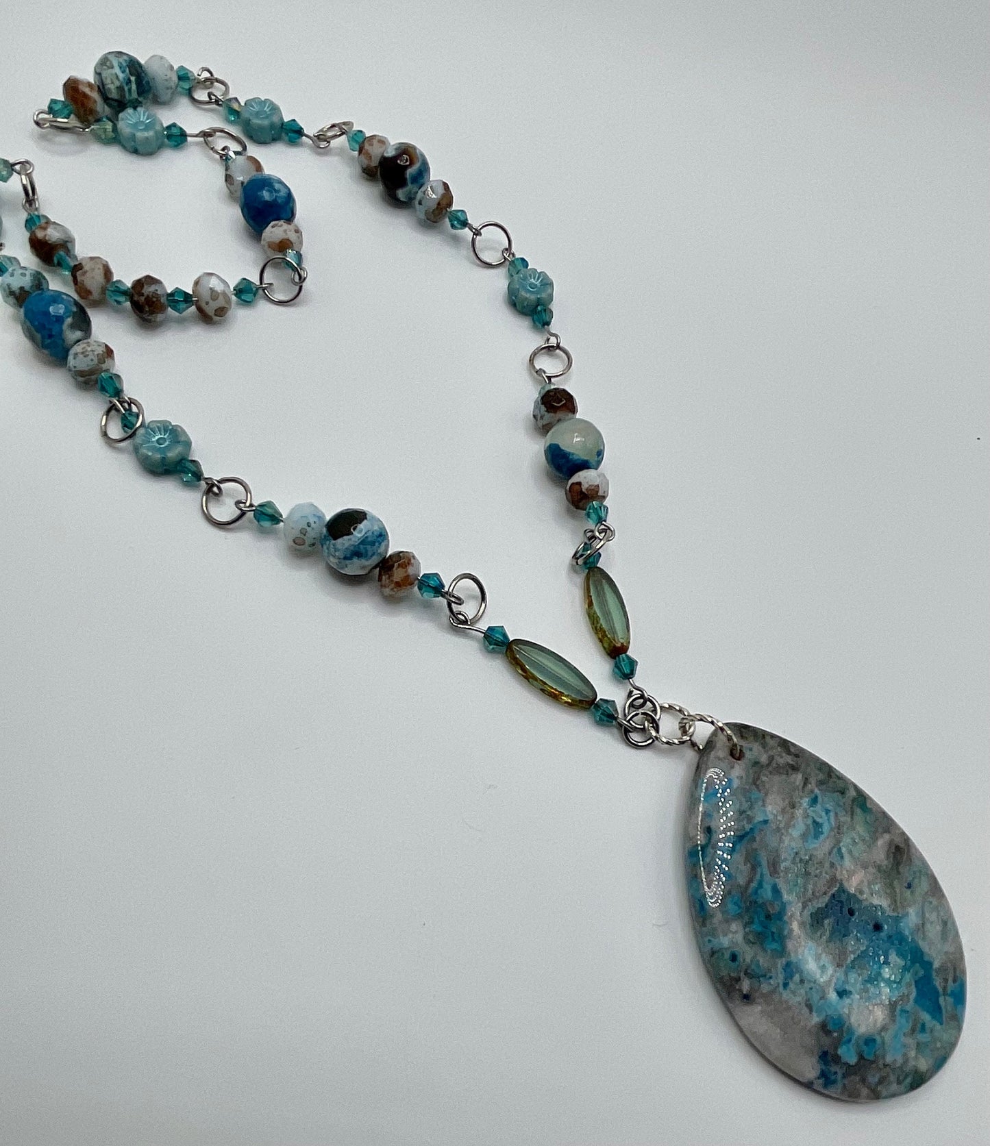 Teal Agate Natural Stone 24” Necklace with Teardrop Pendent