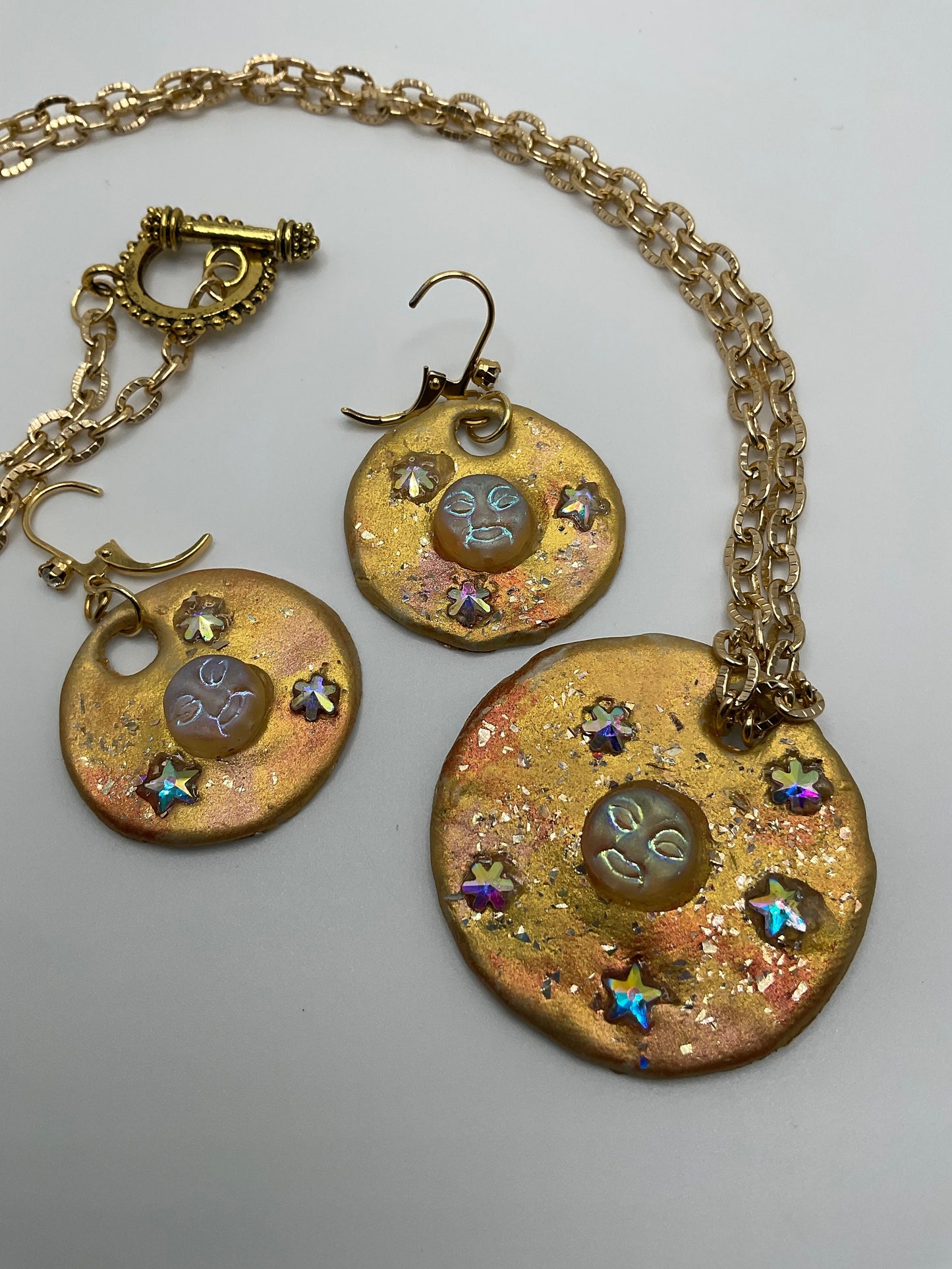 Handmade Stars and Moon Necklace and Earring Set Gold Colored