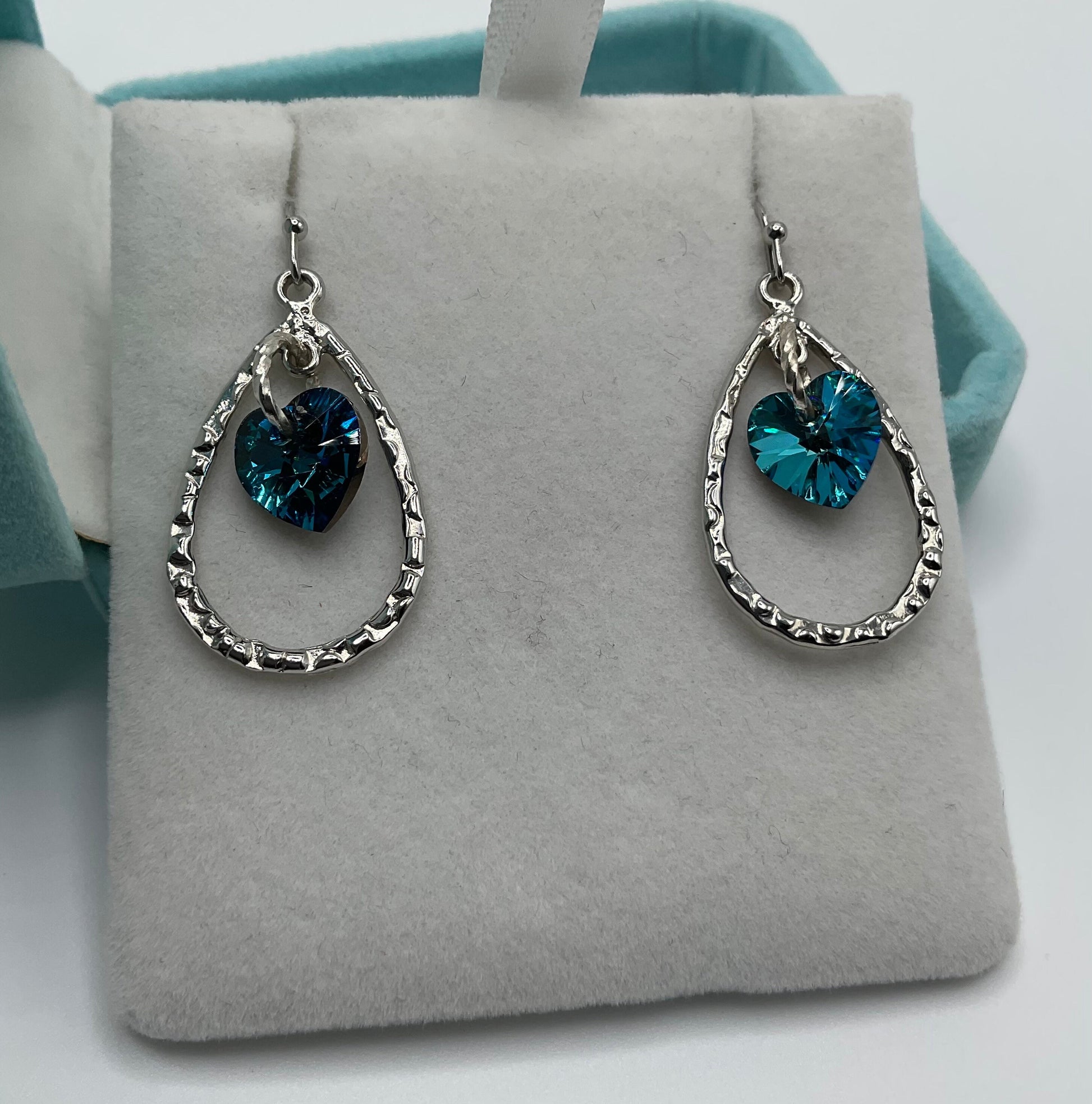 Silver Teal Heart Dangle Earrings