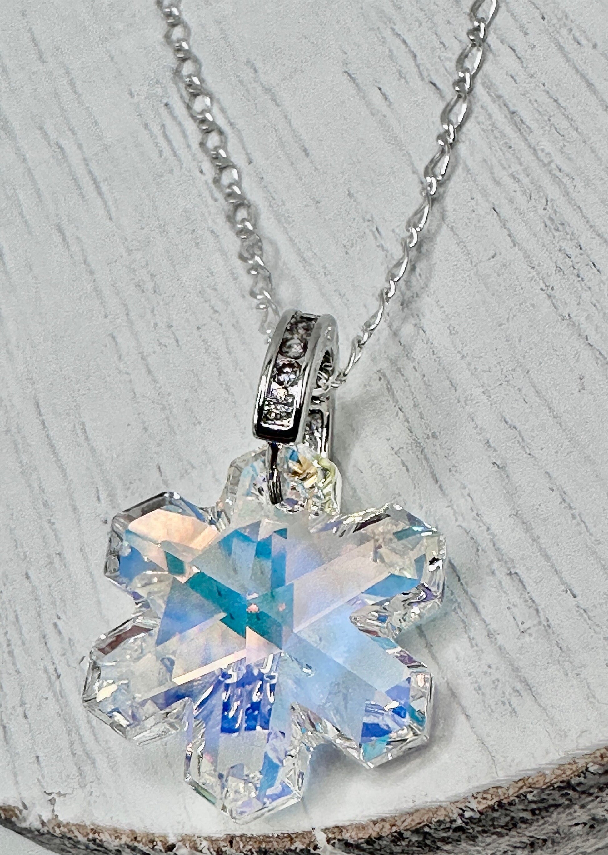 Swarovski Star Snow Flake Crystal Necklace Pendant on a Sterling Silver 18” Necklace AB / Clear with Rhinestone Accents