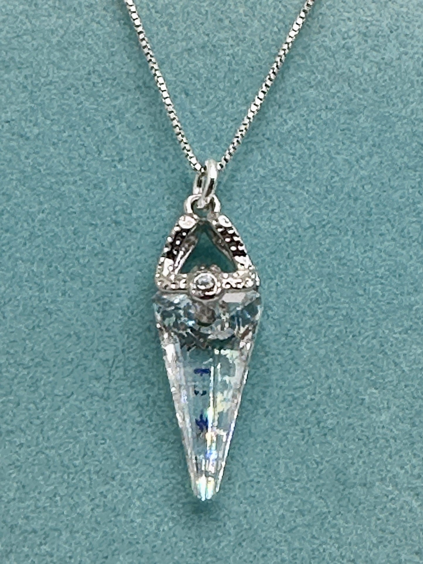 Swarovski Cone Crystal Necklace Pendant on a Sterling Silver 18” Necklace AB / Clear with Rhinestone Accent