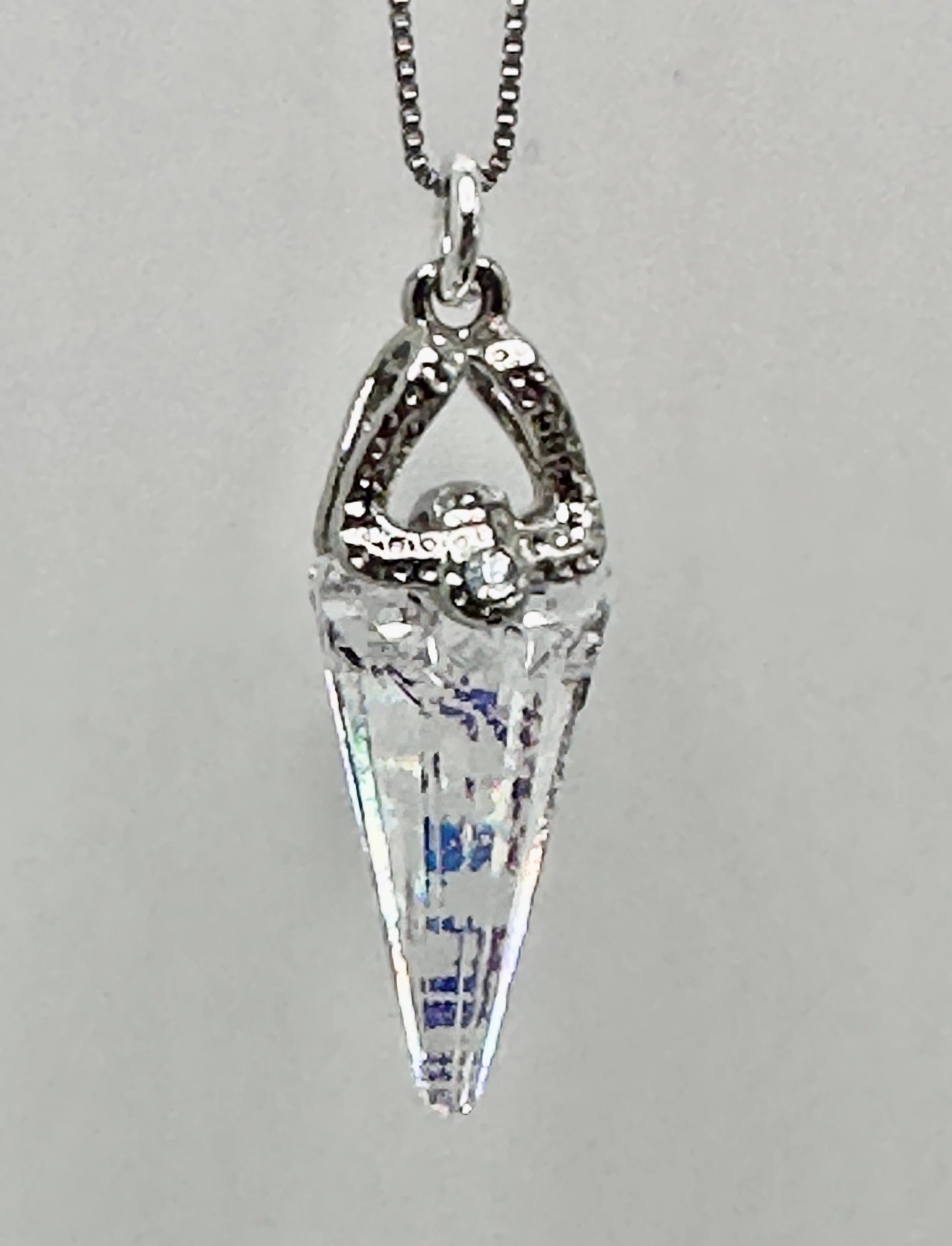 Swarovski Cone Crystal Necklace Pendant on a Sterling Silver 18” Necklace AB / Clear with Rhinestone Accent