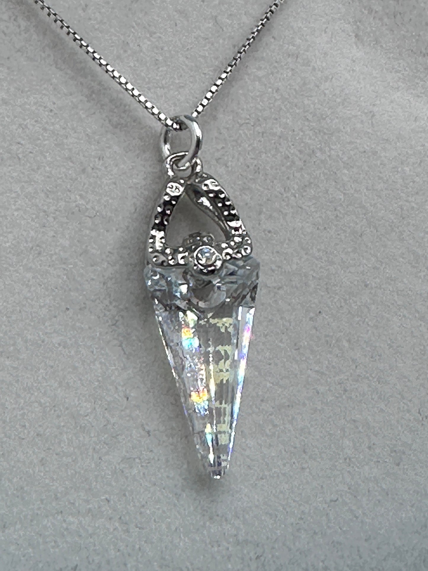 Swarovski Cone Crystal Necklace Pendant on a Sterling Silver 18” Necklace AB / Clear with Rhinestone Accent