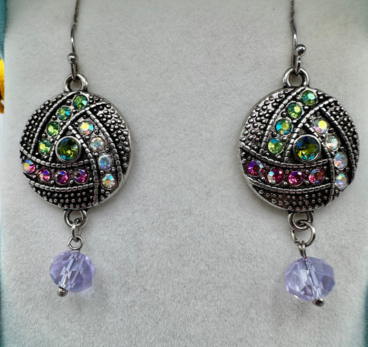 Silver Rhinestone Accent Round  Dangle Earrings