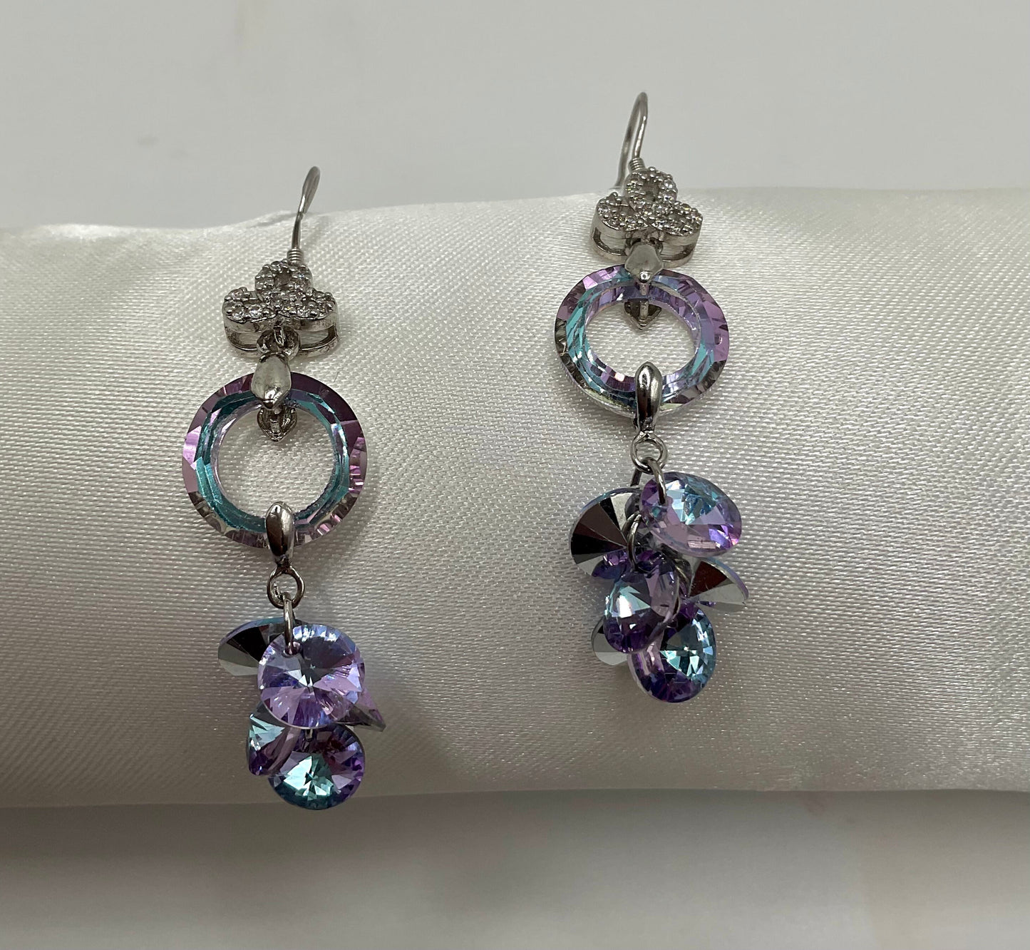 Silver Rainbow Dangle CZ Earrings with Purple Crystal Accents