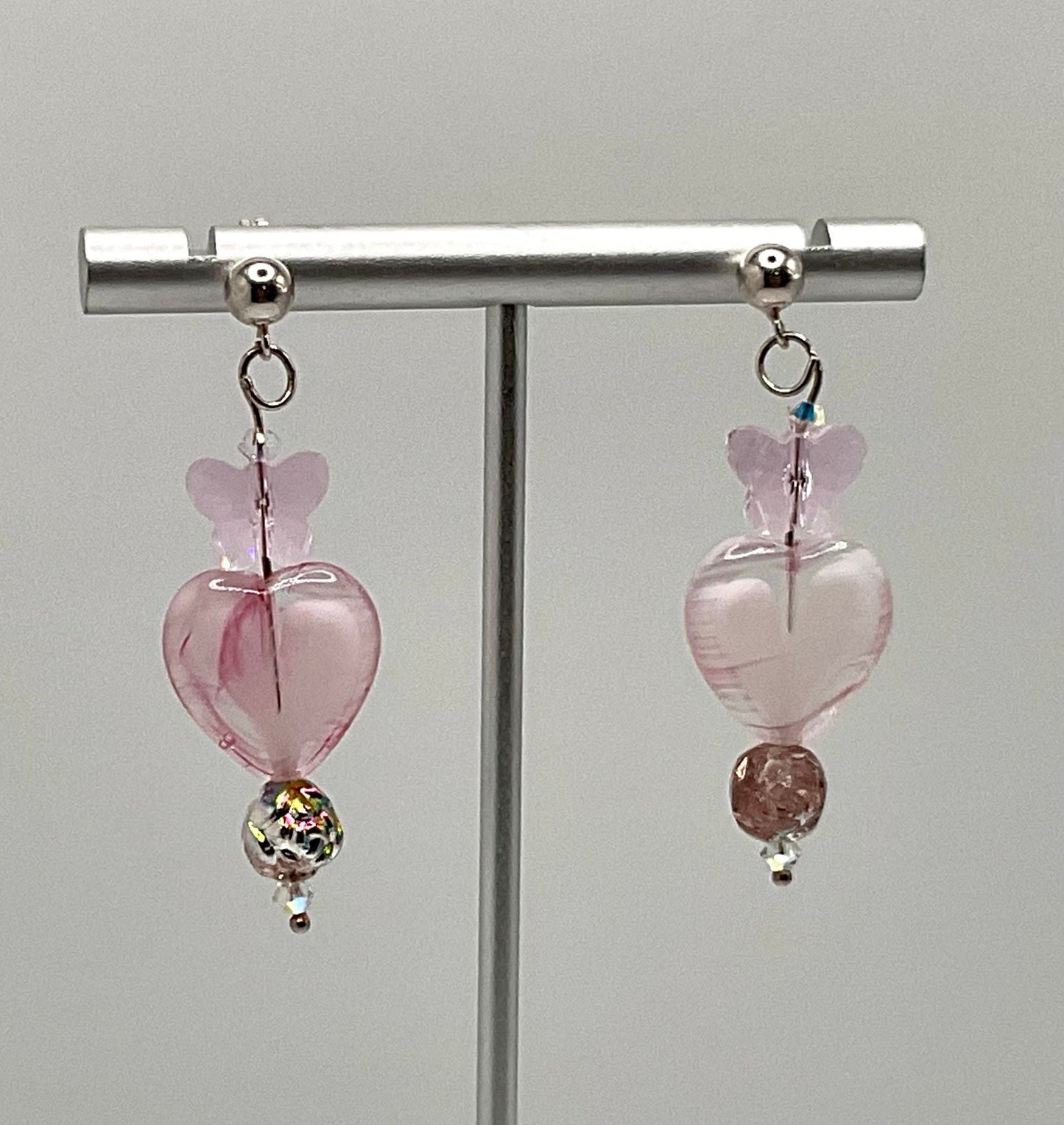 Pink Glass Heart Dangle Earrings with Crystal Butterfly Accents - 925 Sterling Silver Earrings