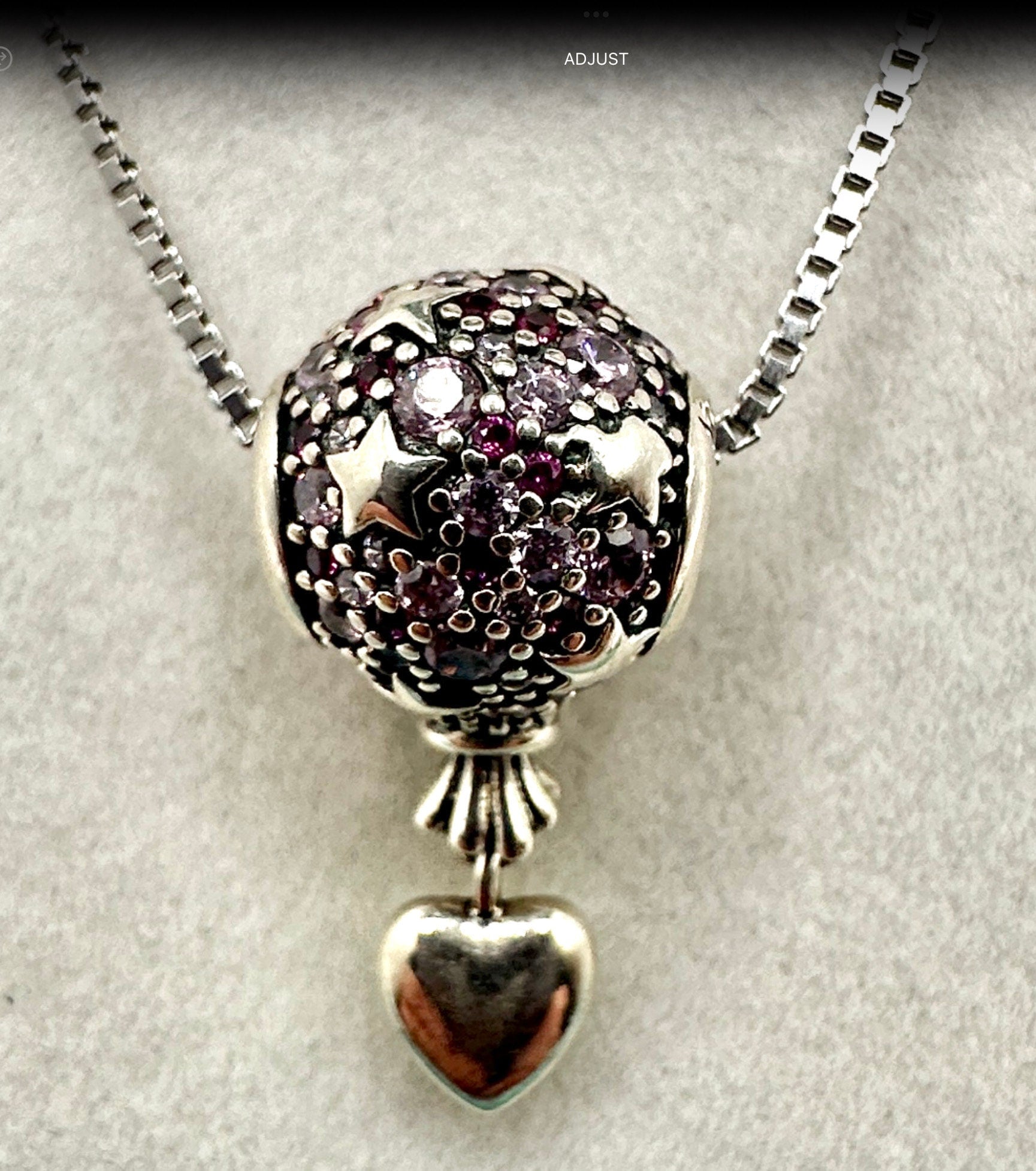 Air Balloon Rhinestone Necklace Pendant Star Accents with Dangling Heart on an 18” 925 Sterling Silver Box Chain