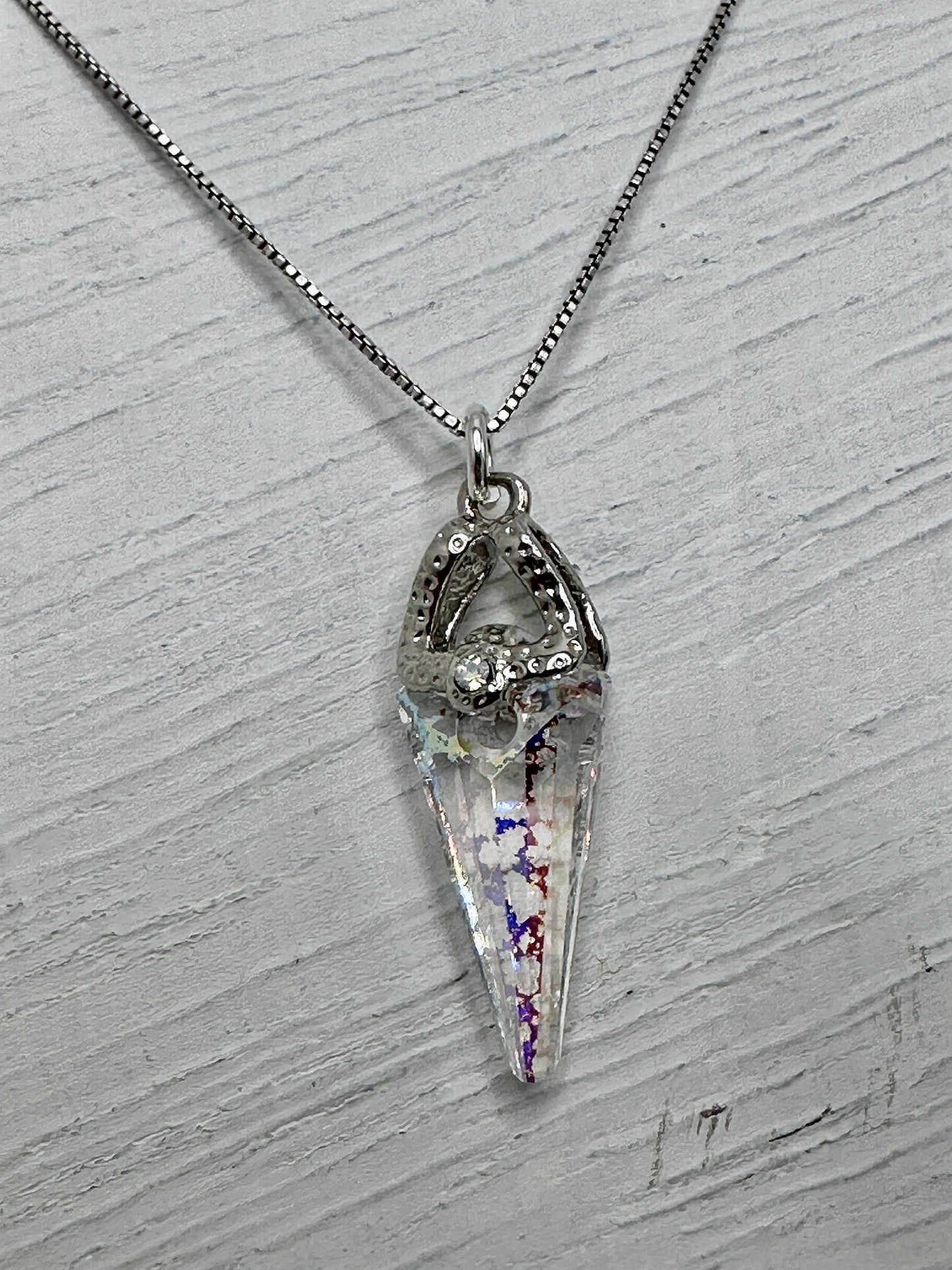 Swarovski Cone Crystal Necklace Pendant on a Sterling Silver 18” Necklace AB / Clear with Rhinestone Accent