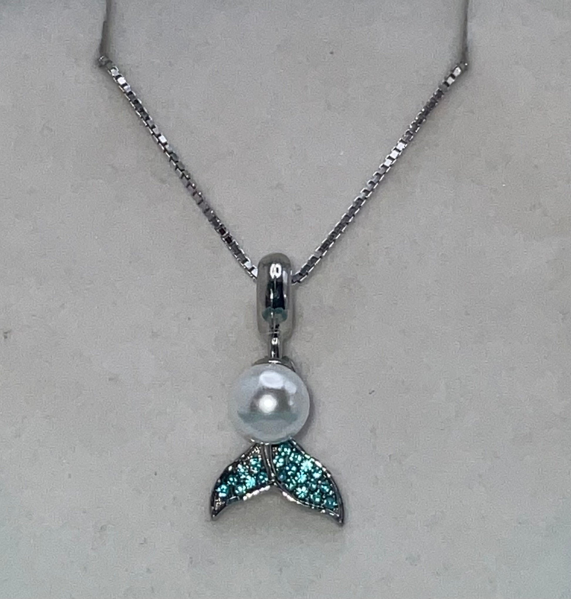Aqua March Birthstone Aquamarine Blue Mermaid Tail with Pearl Accent Necklace Pendant on an 18” Sterling Silver Box Chain