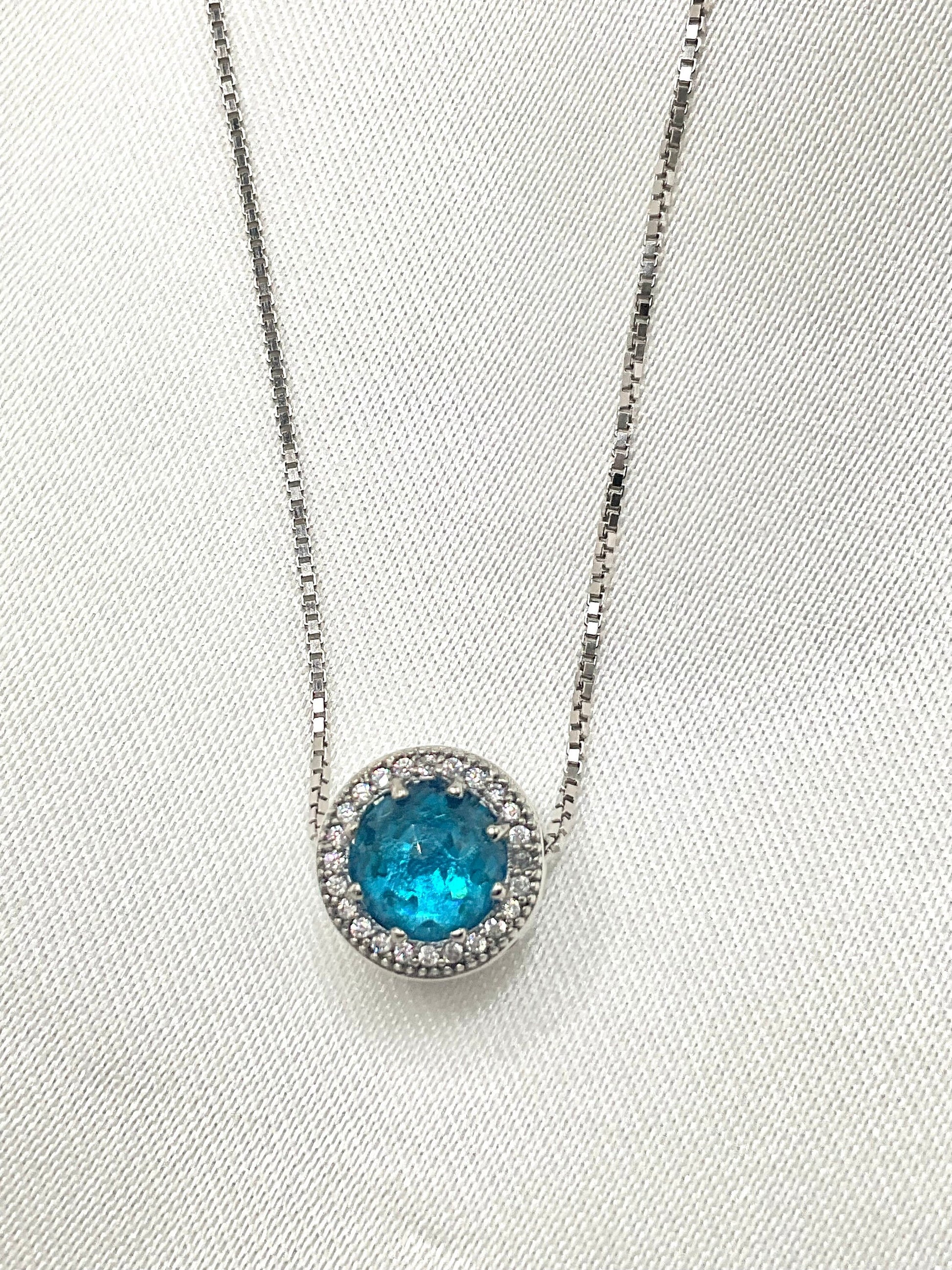 Aqua March Birthstone Aquamarine Blue Necklace Pendant on an 18” 925 Sterling Silver Box Chain