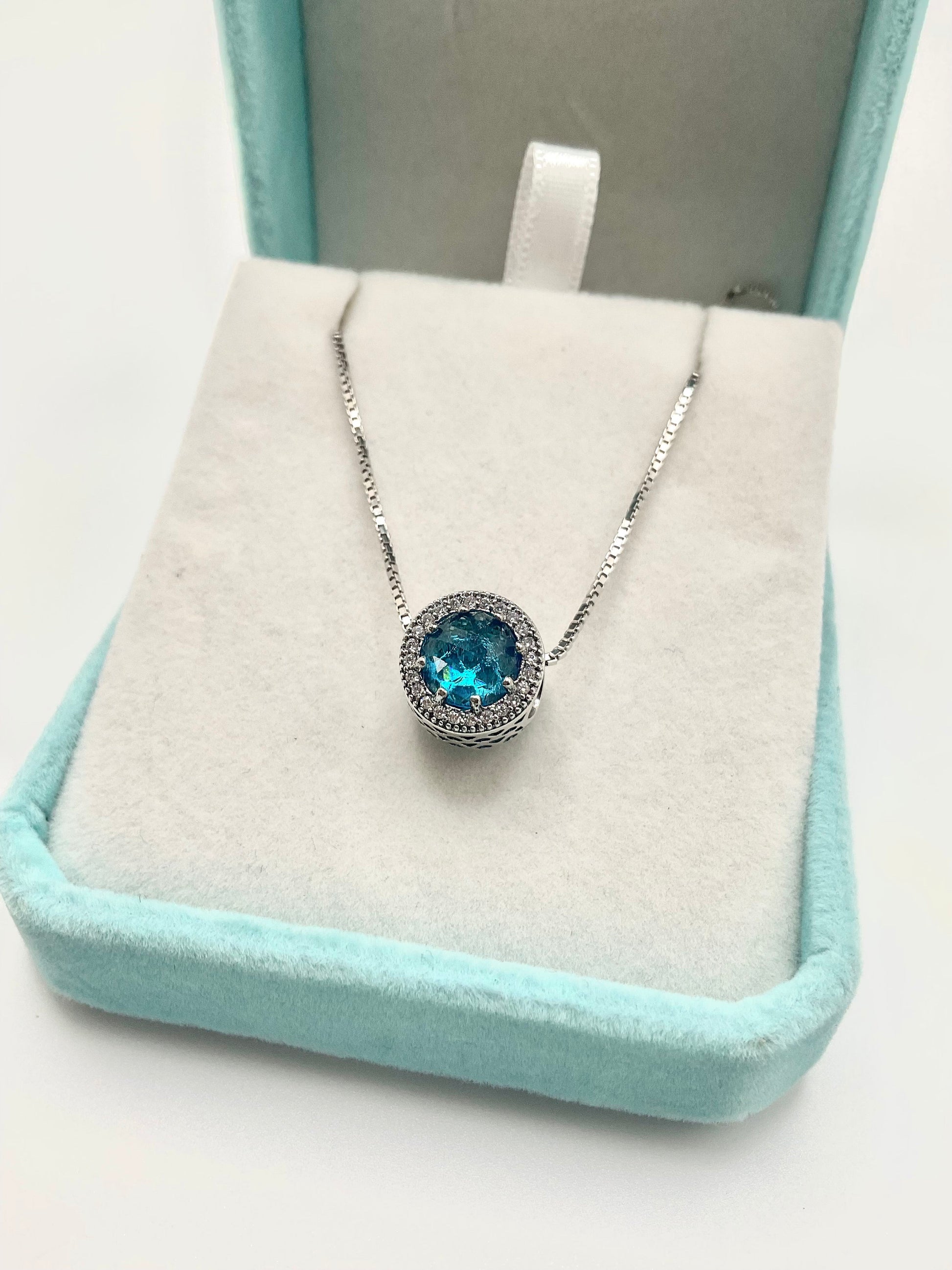 Aqua March Birthstone Aquamarine Blue Necklace Pendant on an 18” 925 Sterling Silver Box Chain