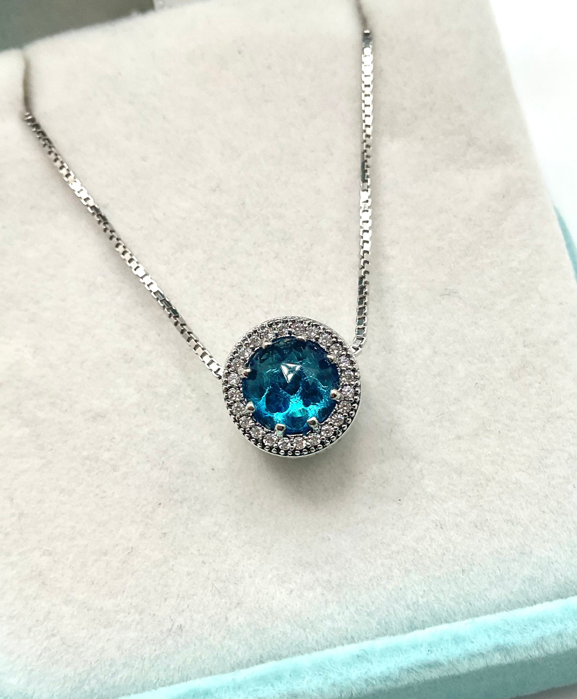 Aqua March Birthstone Aquamarine Blue Necklace Pendant on an 18” 925 Sterling Silver Box Chain