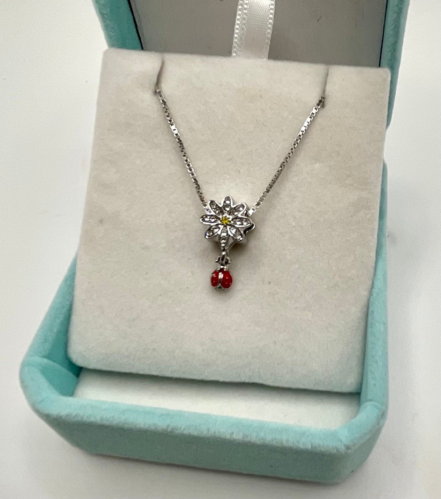 Sunflower Ladybug Rhinestone Necklace Pendant on an 18” Sterling Silver Box Chain