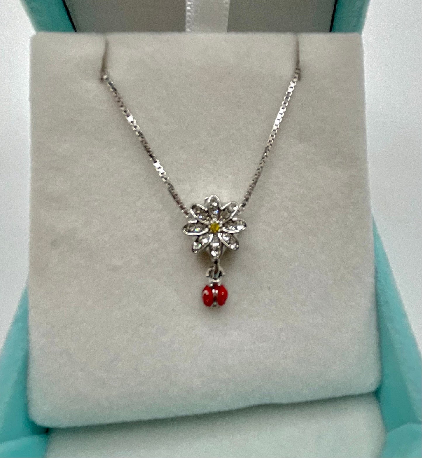 Sunflower Ladybug Rhinestone Necklace Pendant on an 18” Sterling Silver Box Chain