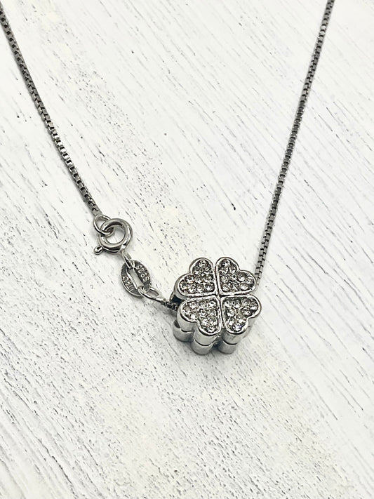 Lucky Clover Shaped Rhinestone Necklace Pendant on an 18” Sterling Silver Box Chain