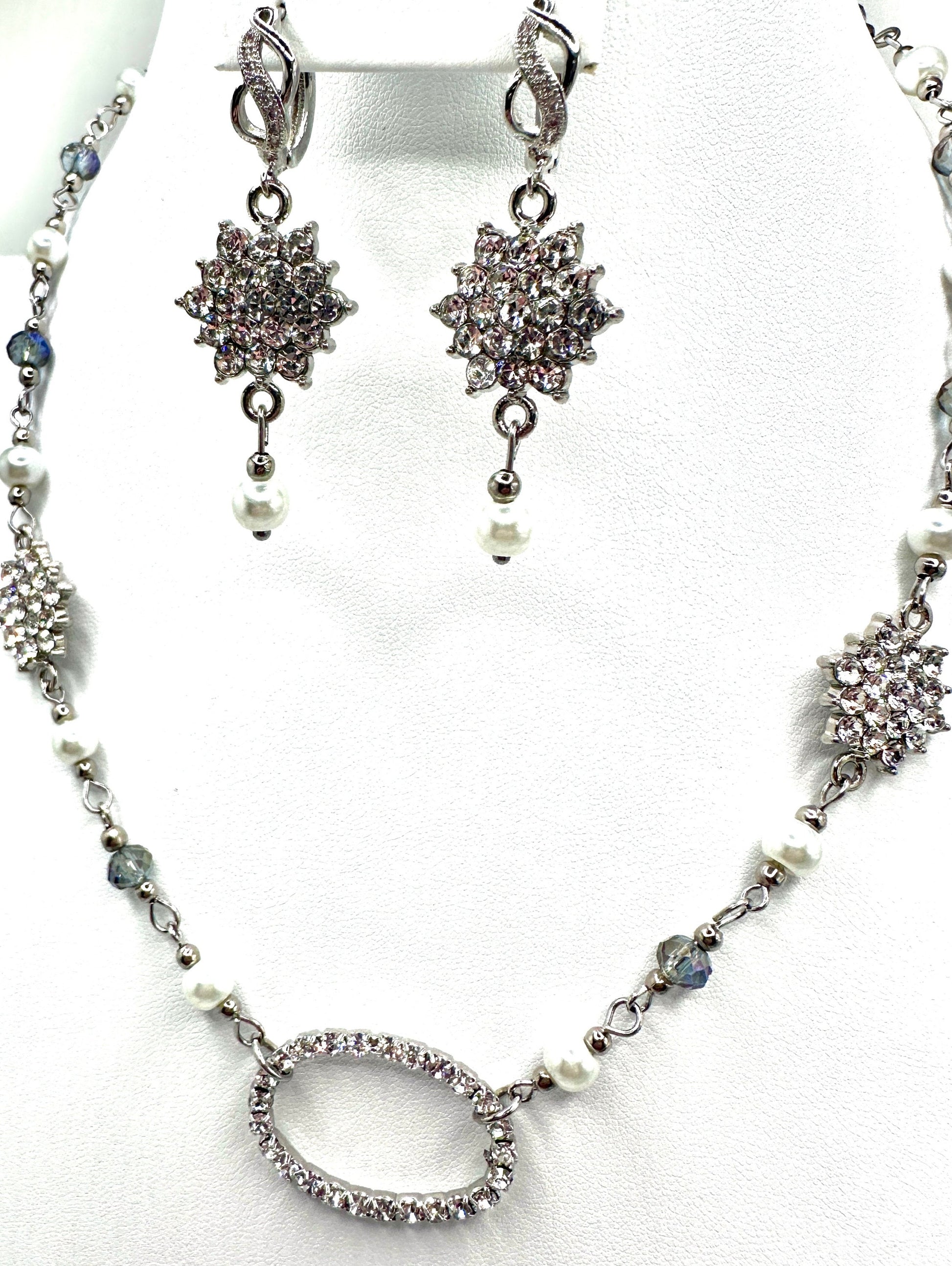 Silver Rhinestone CZ Necklace and Earring Set