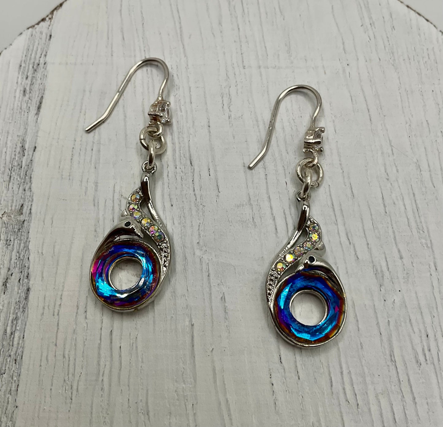Silver Rainbow CZ Dangle Earrings Peacock