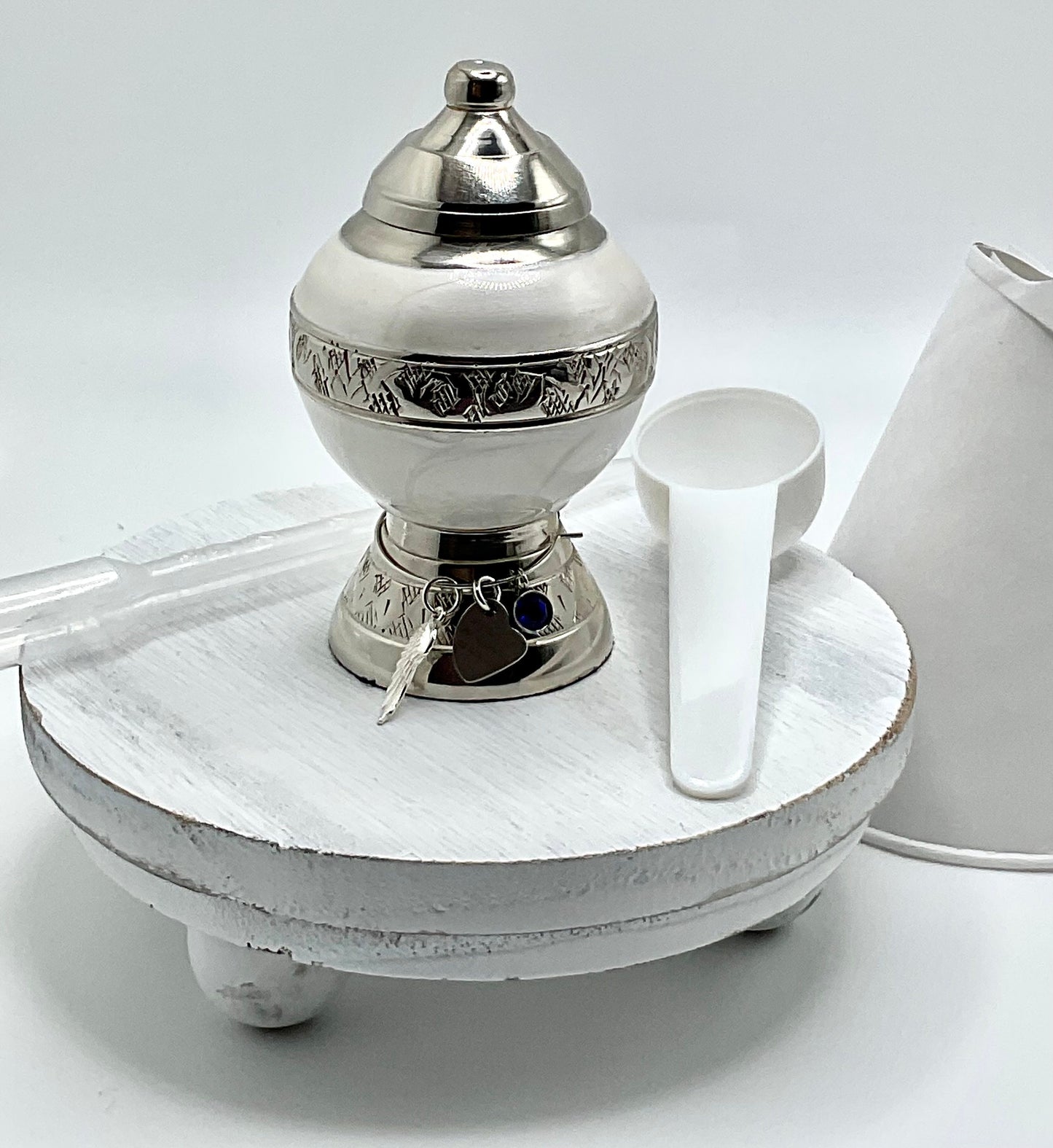 White Memorial Cremation Funeral Ash Urn with Charm, 925 Sterling Silver Angel Charm with Birthstone