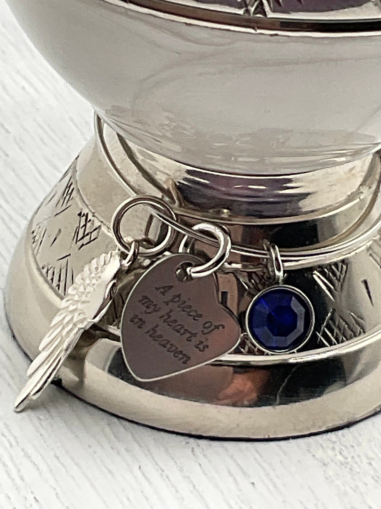 White Memorial Cremation Funeral Ash Urn with Charm, 925 Sterling Silver Angel Charm with Birthstone