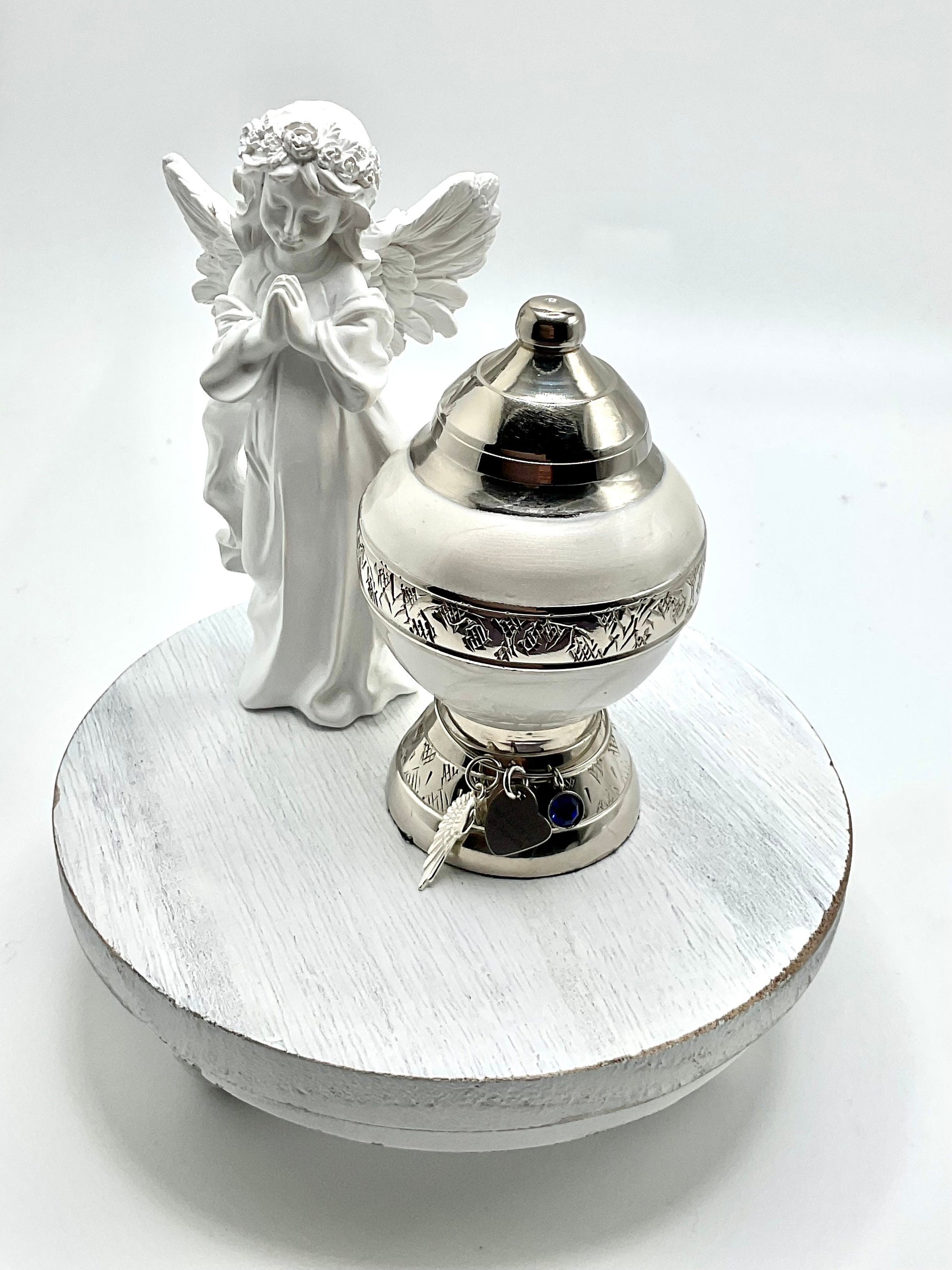 White Memorial Cremation Funeral Ash Urn with Charm, 925 Sterling Silver Angel Charm with Birthstone