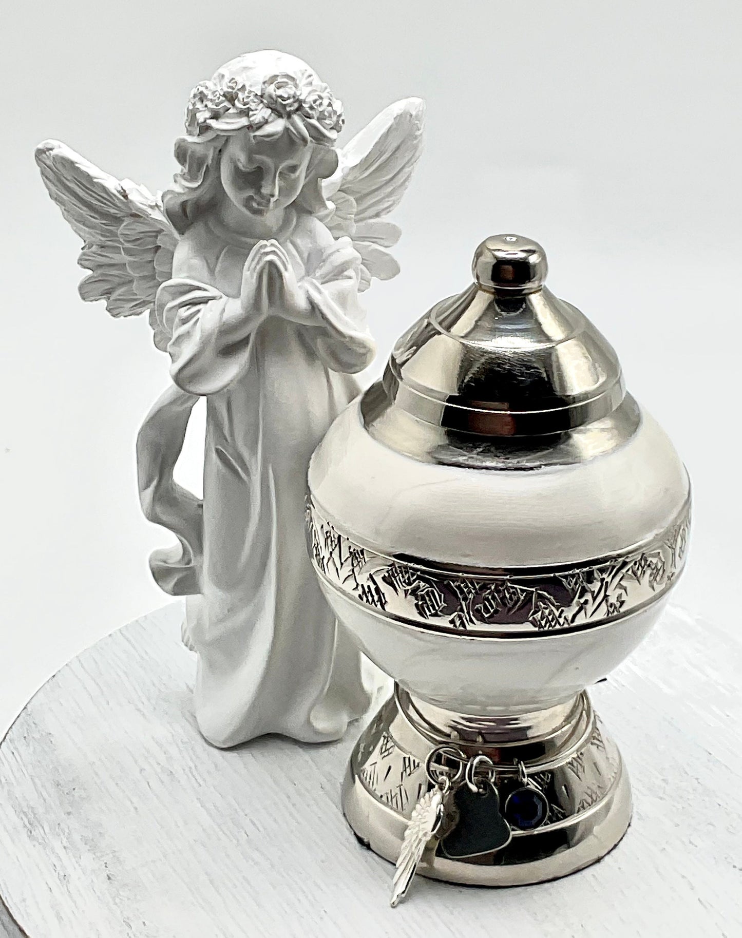 White Memorial Cremation Funeral Ash Urn with Charm, 925 Sterling Silver Angel Charm with Birthstone