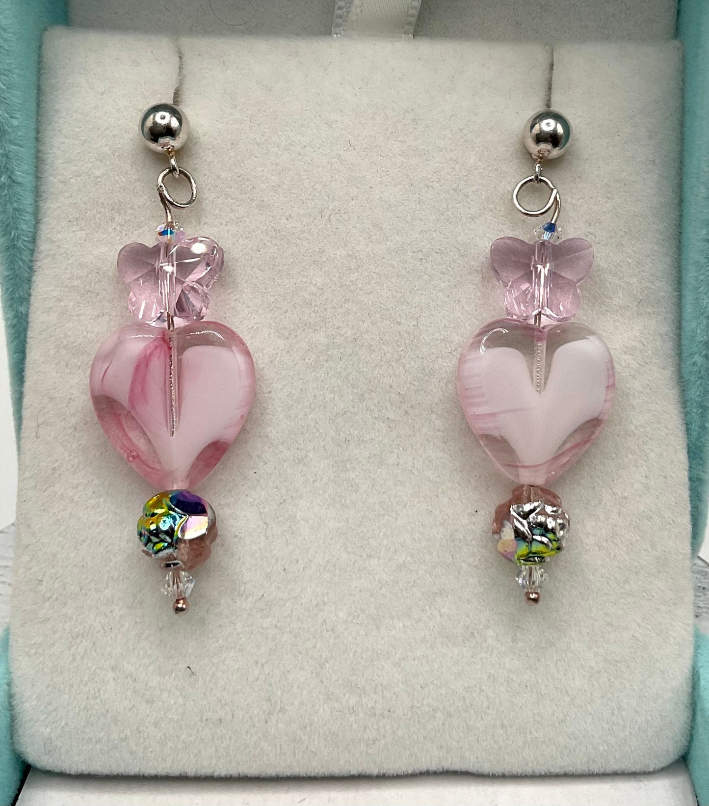 Pink Glass Heart Dangle Earrings with Crystal Butterfly Accents - 925 Sterling Silver Earrings