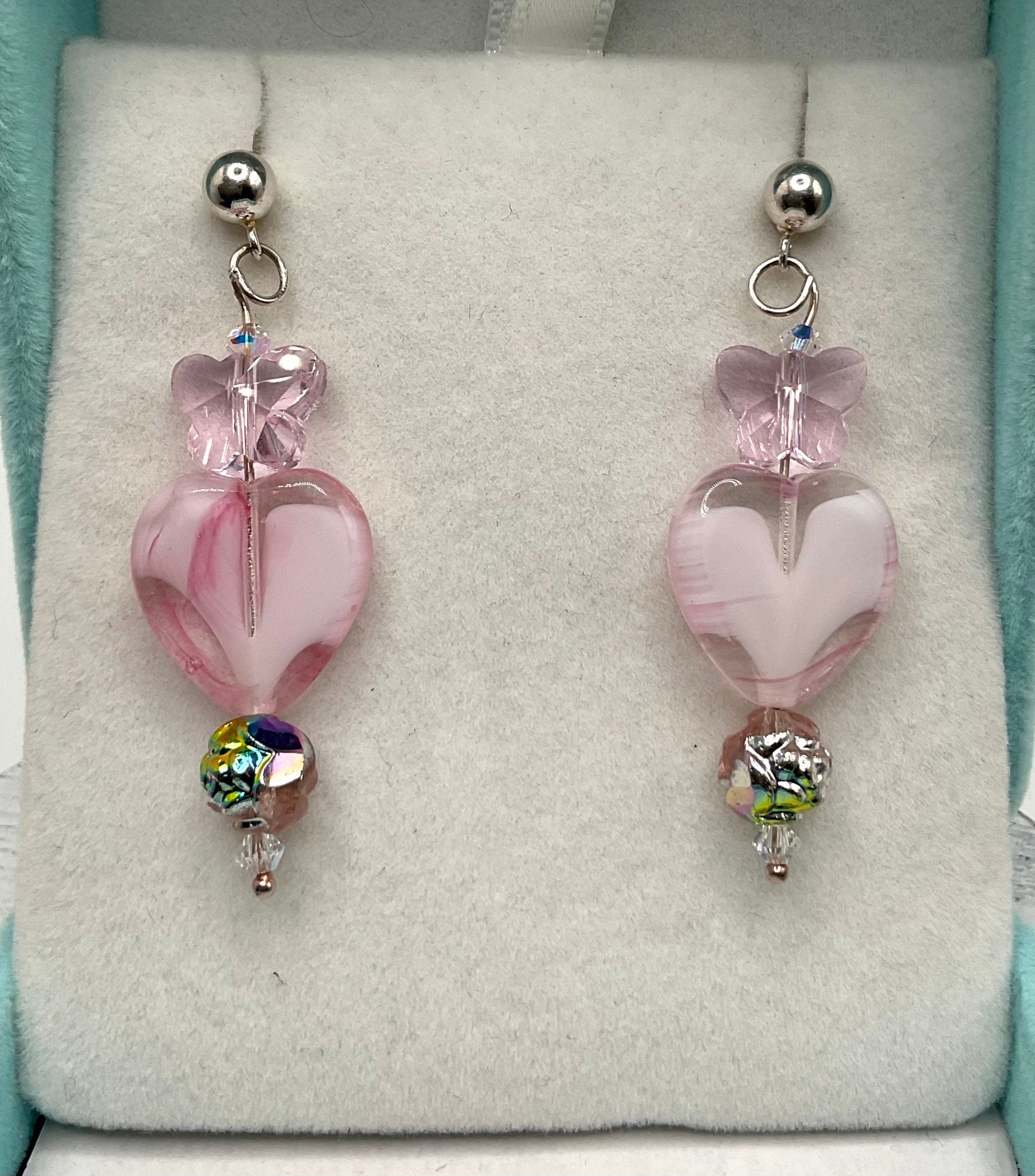 Pink Glass Heart Dangle Earrings with Crystal Butterfly Accents - 925 Sterling Silver Earrings