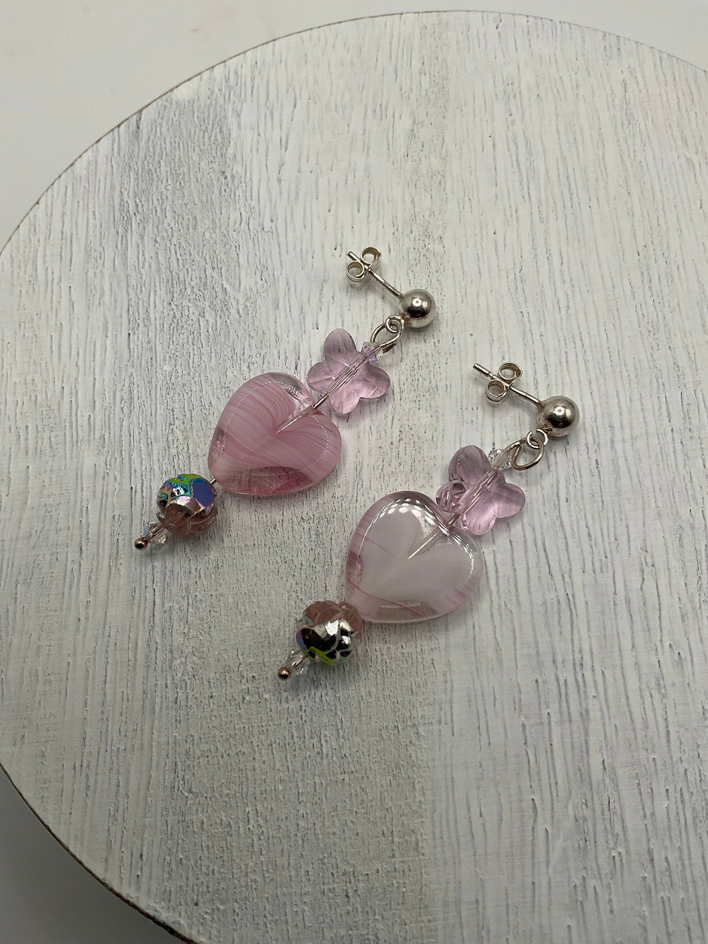 Pink Glass Heart Dangle Earrings with Crystal Butterfly Accents - 925 Sterling Silver Earrings