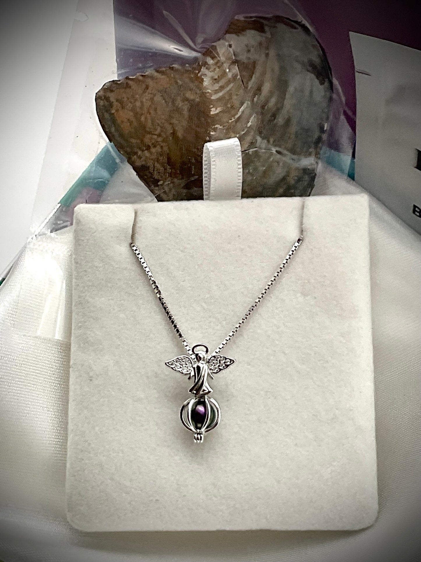 Oyster with Cultured Pearl with a 925 Sterling Silver Rhinestone Angel Pendent on an 18” 925 Sterling Silver Box Necklace - Assorted Colors