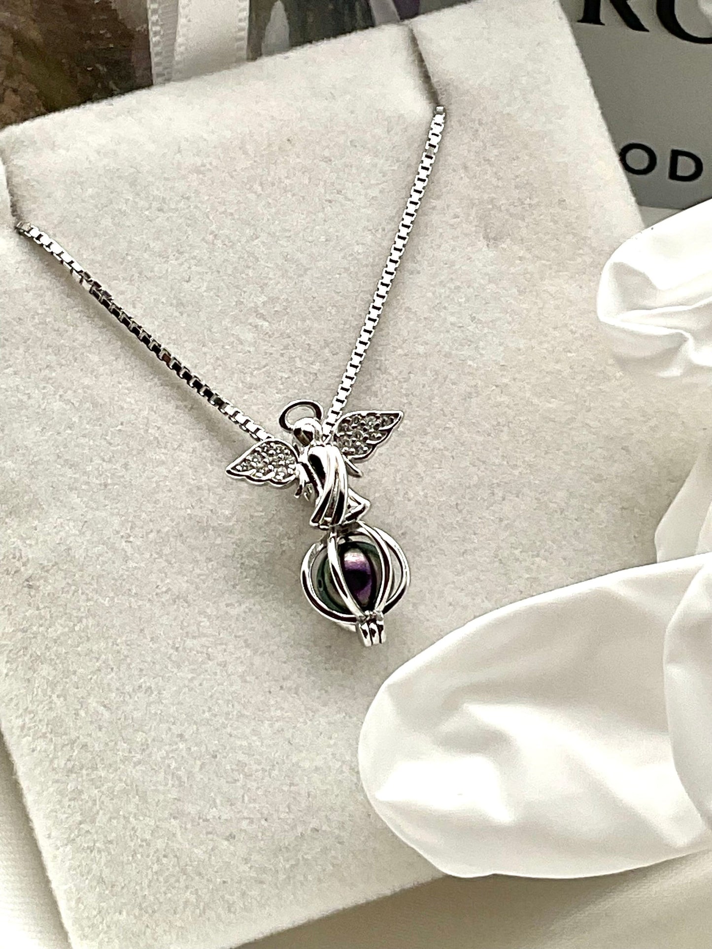 Oyster with Cultured Pearl with a 925 Sterling Silver Rhinestone Angel Pendent on an 18” 925 Sterling Silver Box Necklace - Assorted Colors