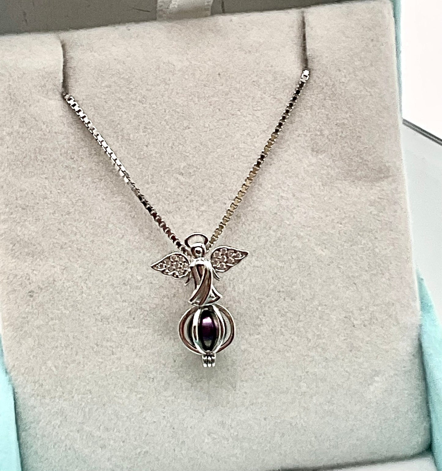 Oyster with Cultured Pearl with a 925 Sterling Silver Rhinestone Angel Pendent on an 18” 925 Sterling Silver Box Necklace - Assorted Colors