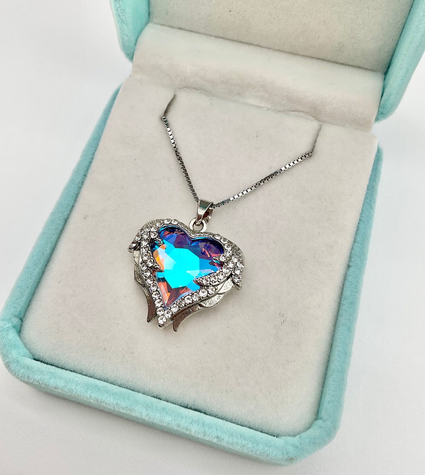 Diamond Rhinestone Heart Pendant Necklace on 18” Sterling Silver Chain