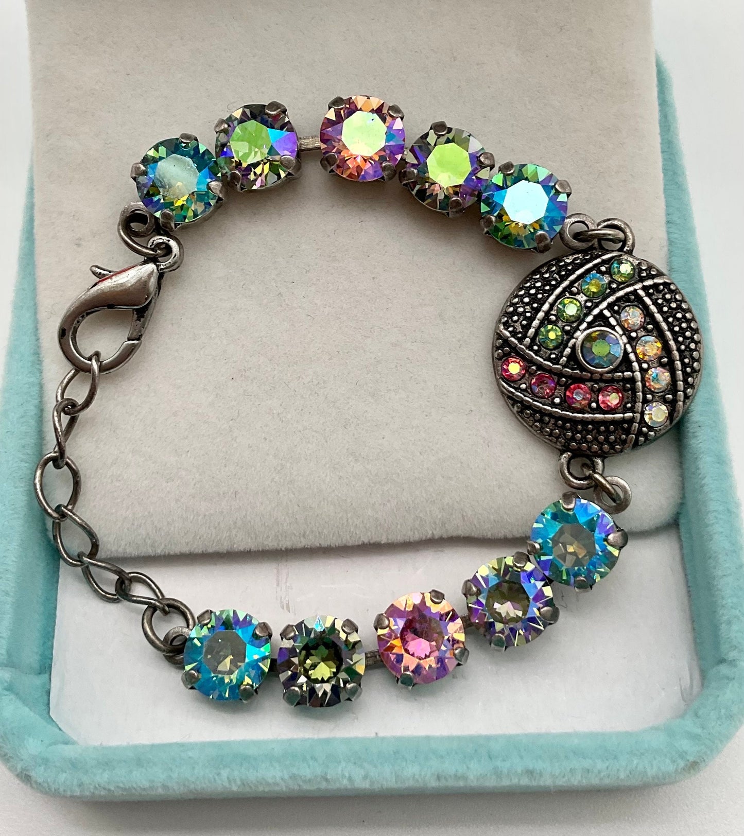 AB Multi Colored Crystal Swarovski Accent Antique Silver Bracelet Adjustable Length