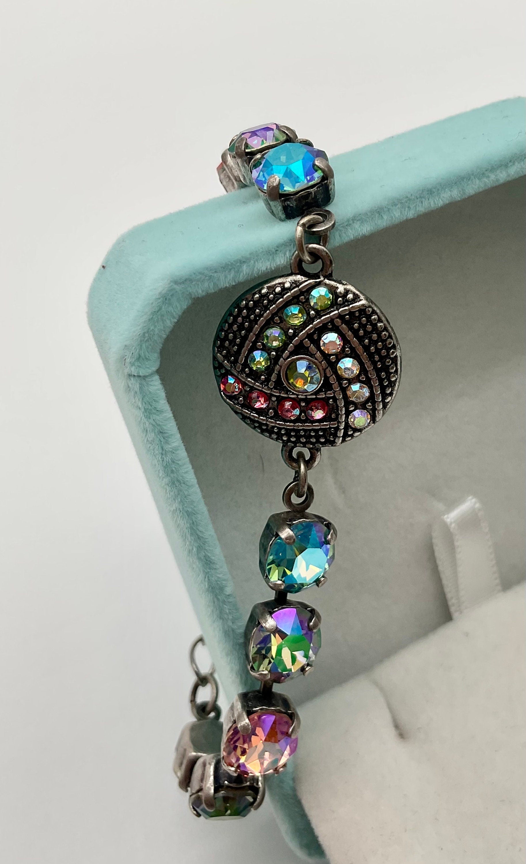 AB Multi Colored Crystal Swarovski Accent Antique Silver Bracelet Adjustable Length