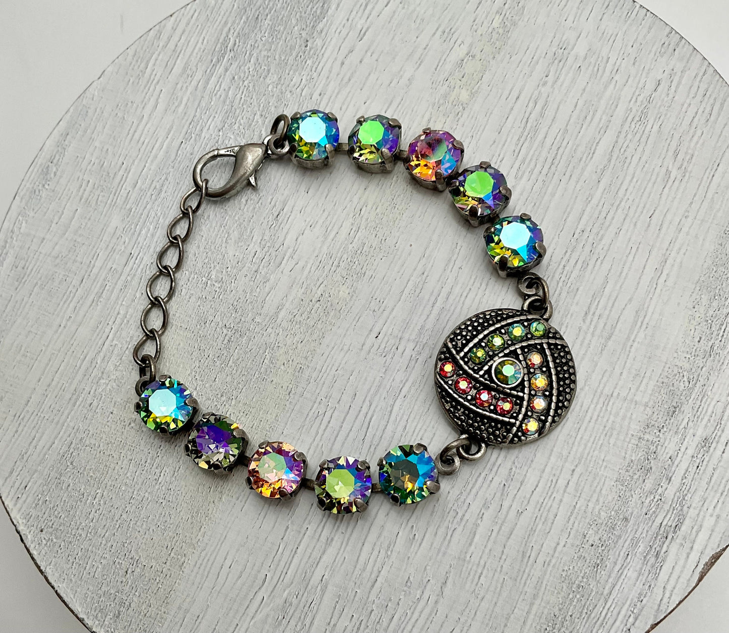 AB Multi Colored Crystal Swarovski Accent Antique Silver Bracelet Adjustable Length