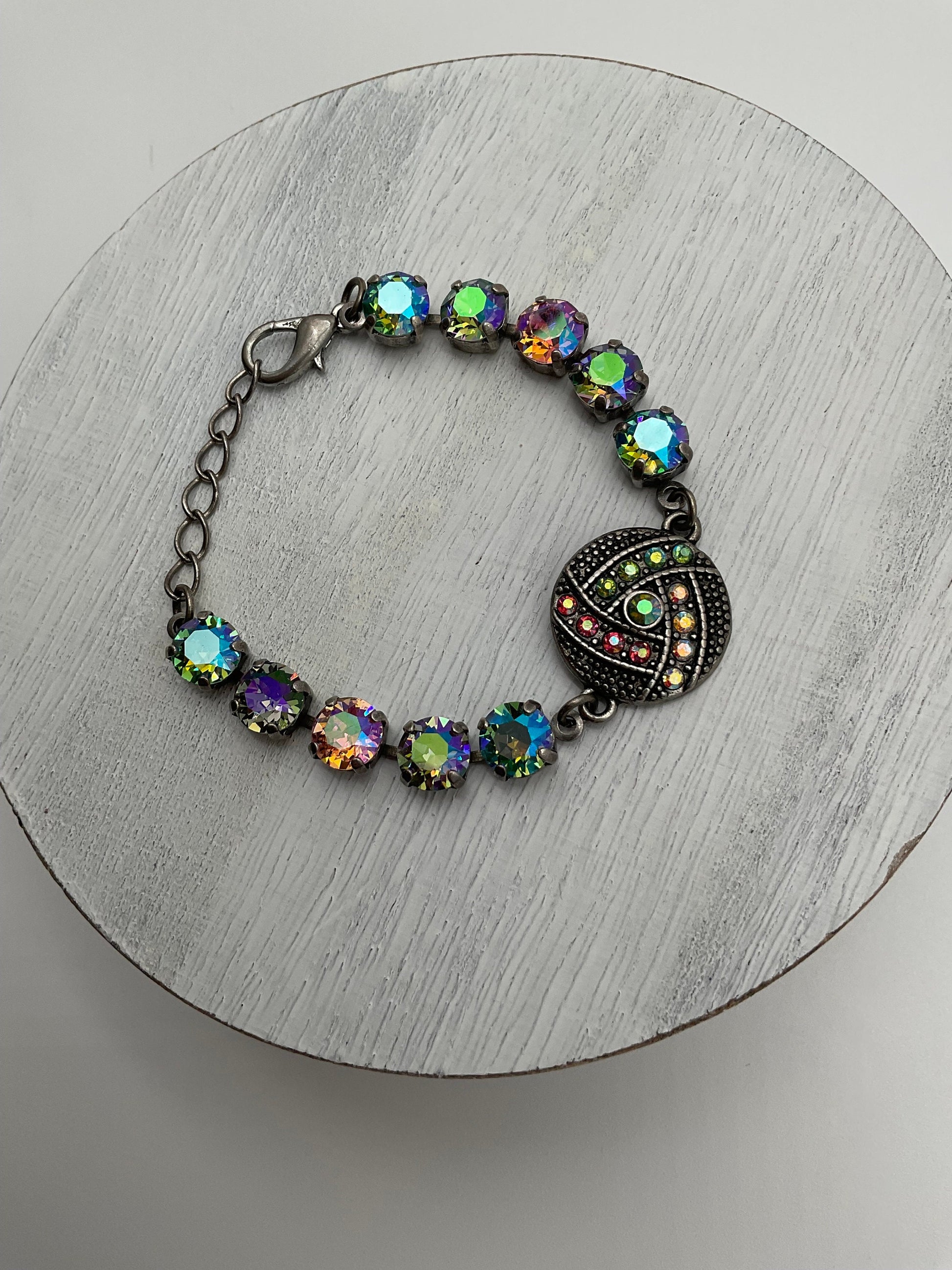 AB Multi Colored Crystal Swarovski Accent Antique Silver Bracelet Adjustable Length