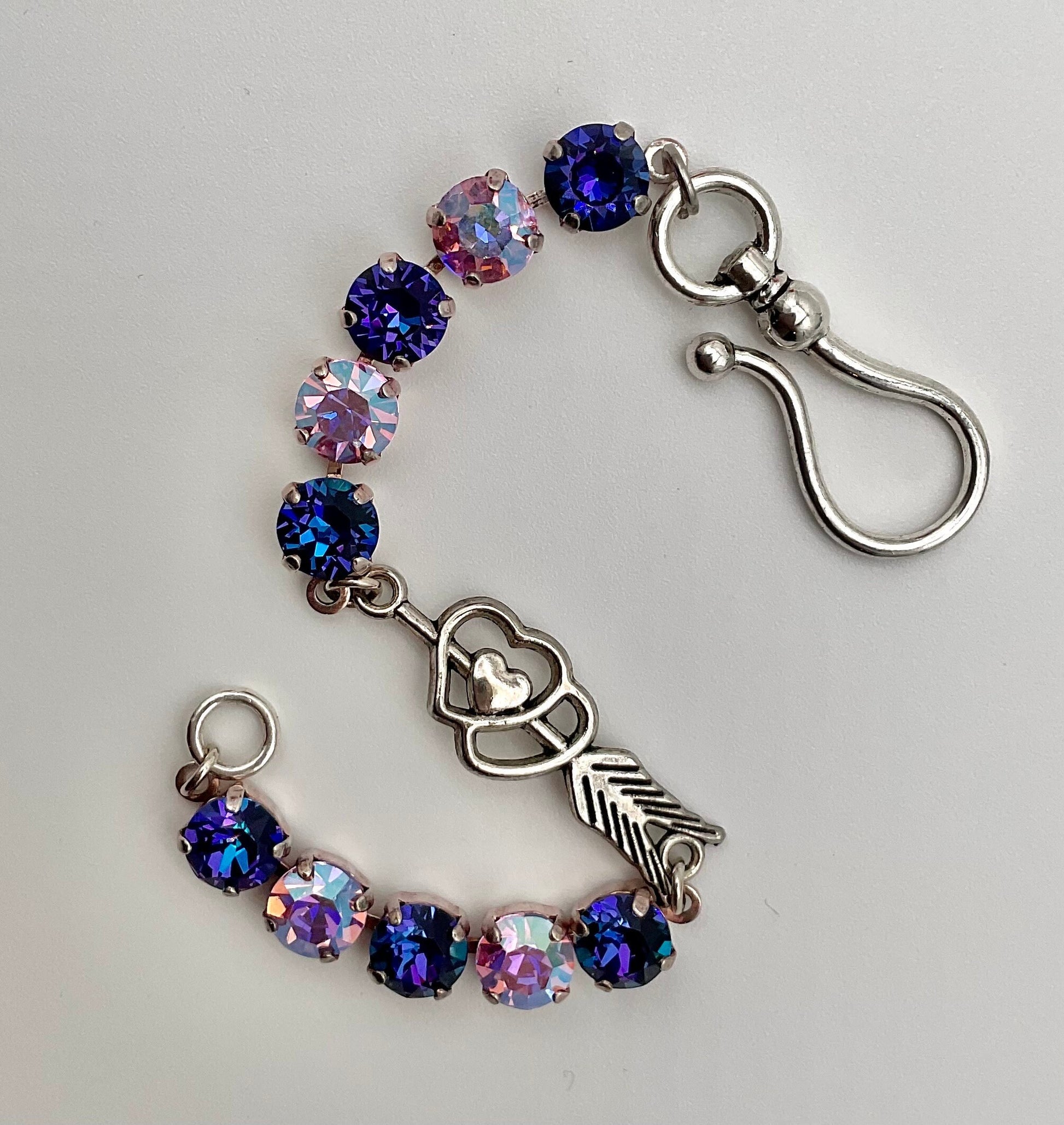 Crystal Swarovski Silver Bracelet with Purple and Pink Genuine Crystals on a Cup Chain with a Heart in the Center