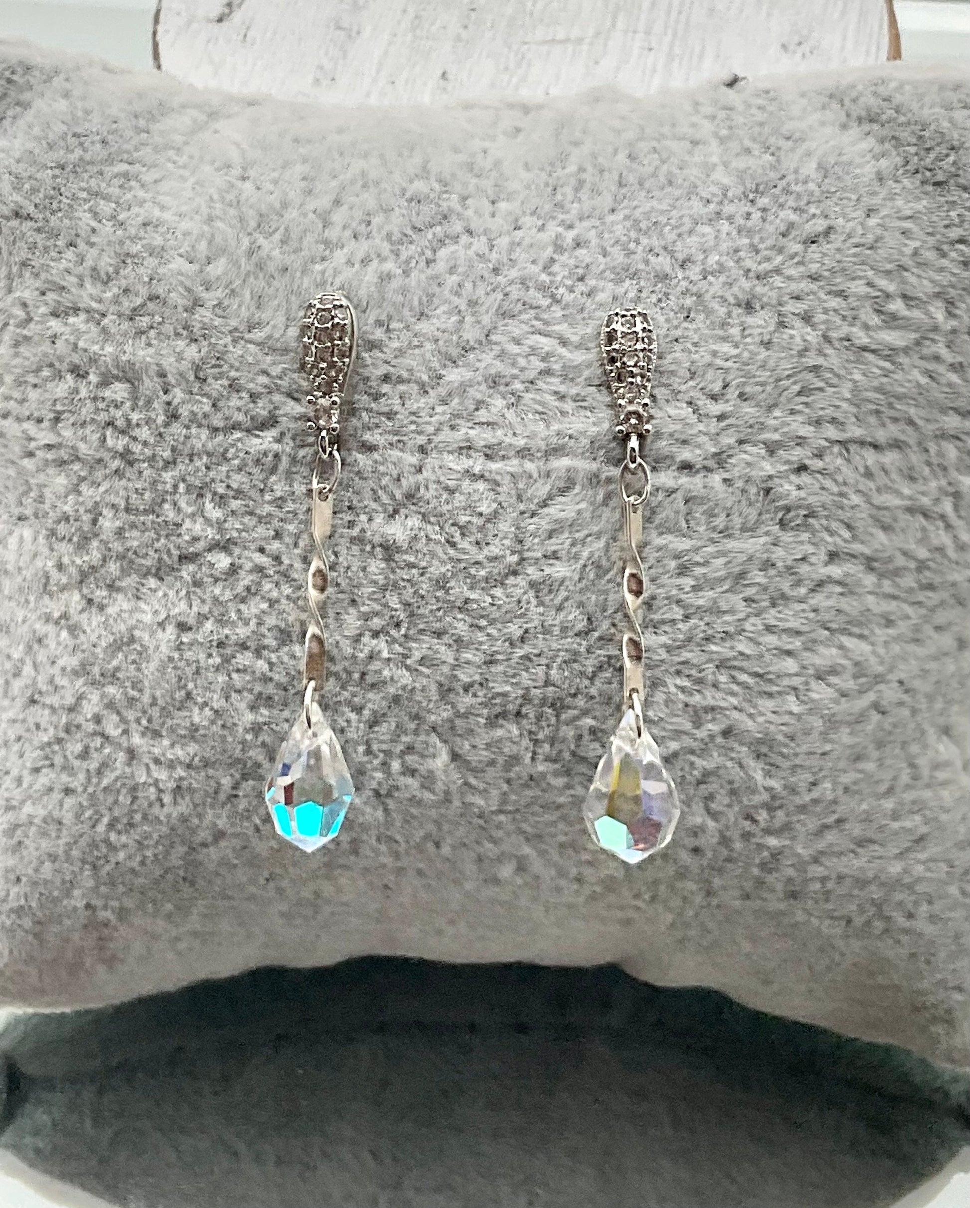 Silver Swarovski Crystal Drop Dangle Earrings AB with Rhinestone Accent Earrings