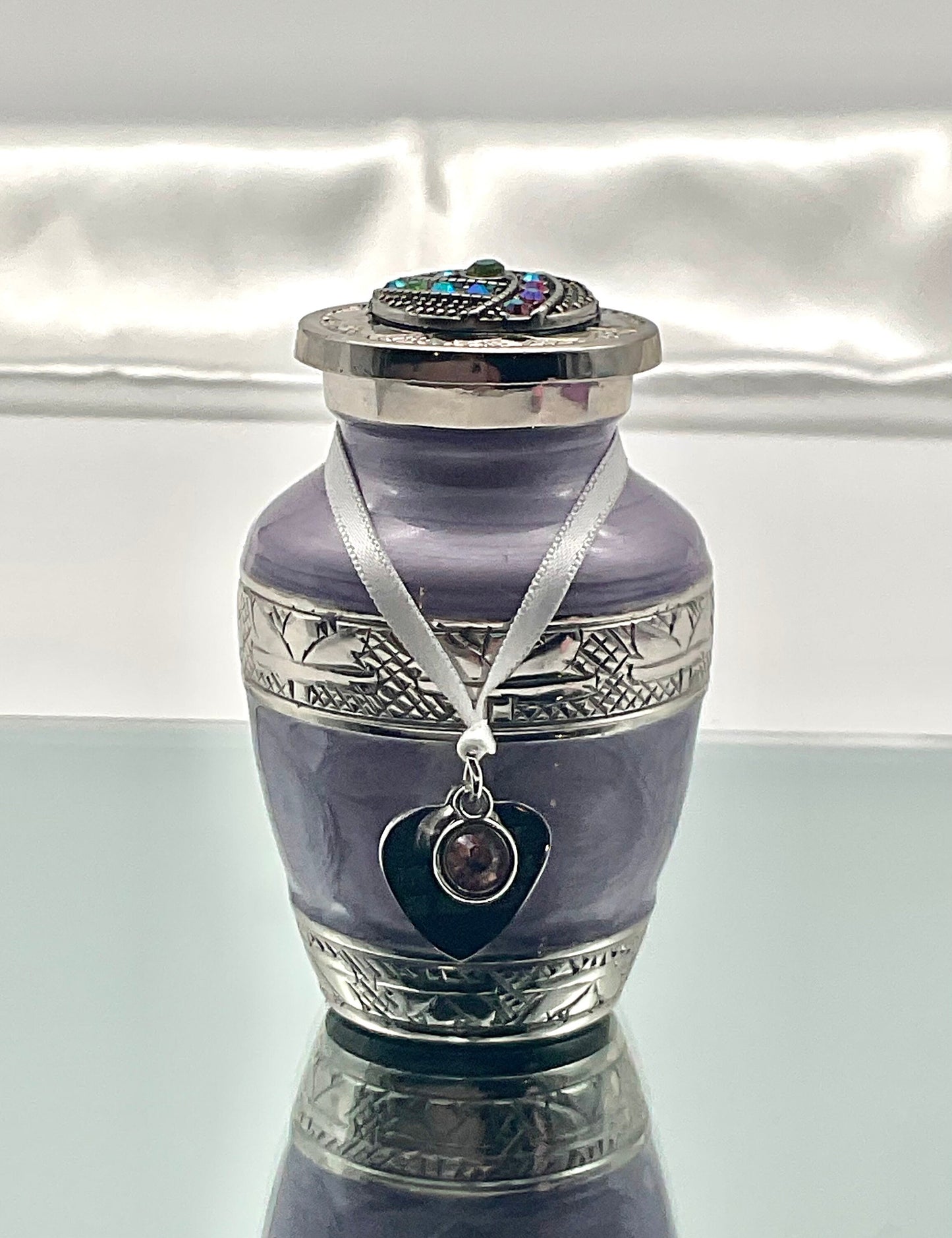 Lavender / Purple Memorial Cremation Funeral Ash Urn with Charm, Stainless Steel Heart Charm with Birthstone