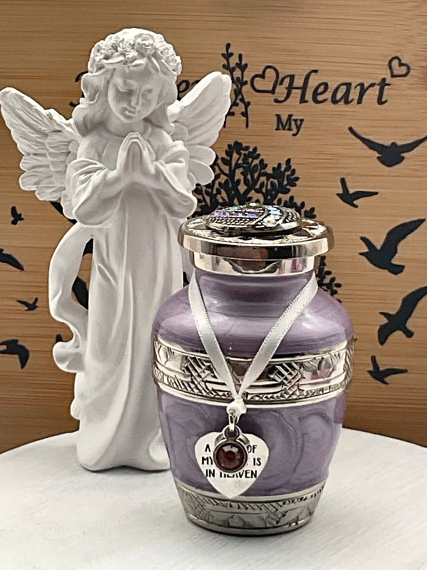 Lavender / Purple Memorial Cremation Funeral Ash Urn with Charm, Stainless Steel Heart Charm with Birthstone