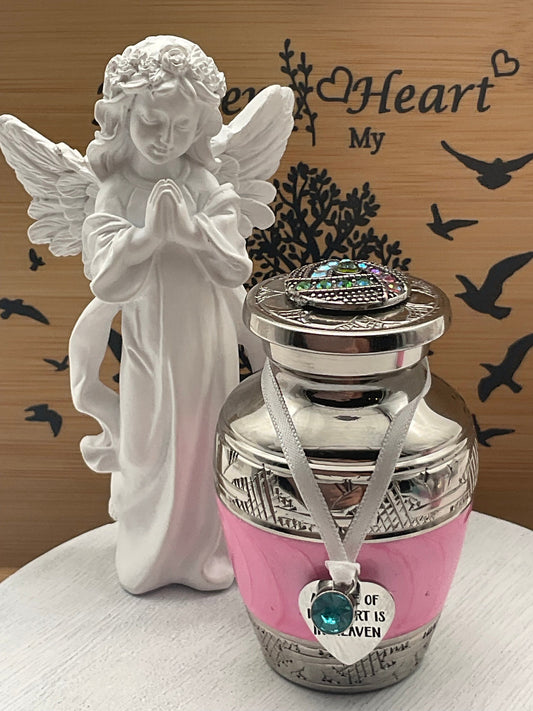 Pink Memorial Cremation Funeral Ash Urn with Charm, Stainless Steel Heart Charm with Birthstone