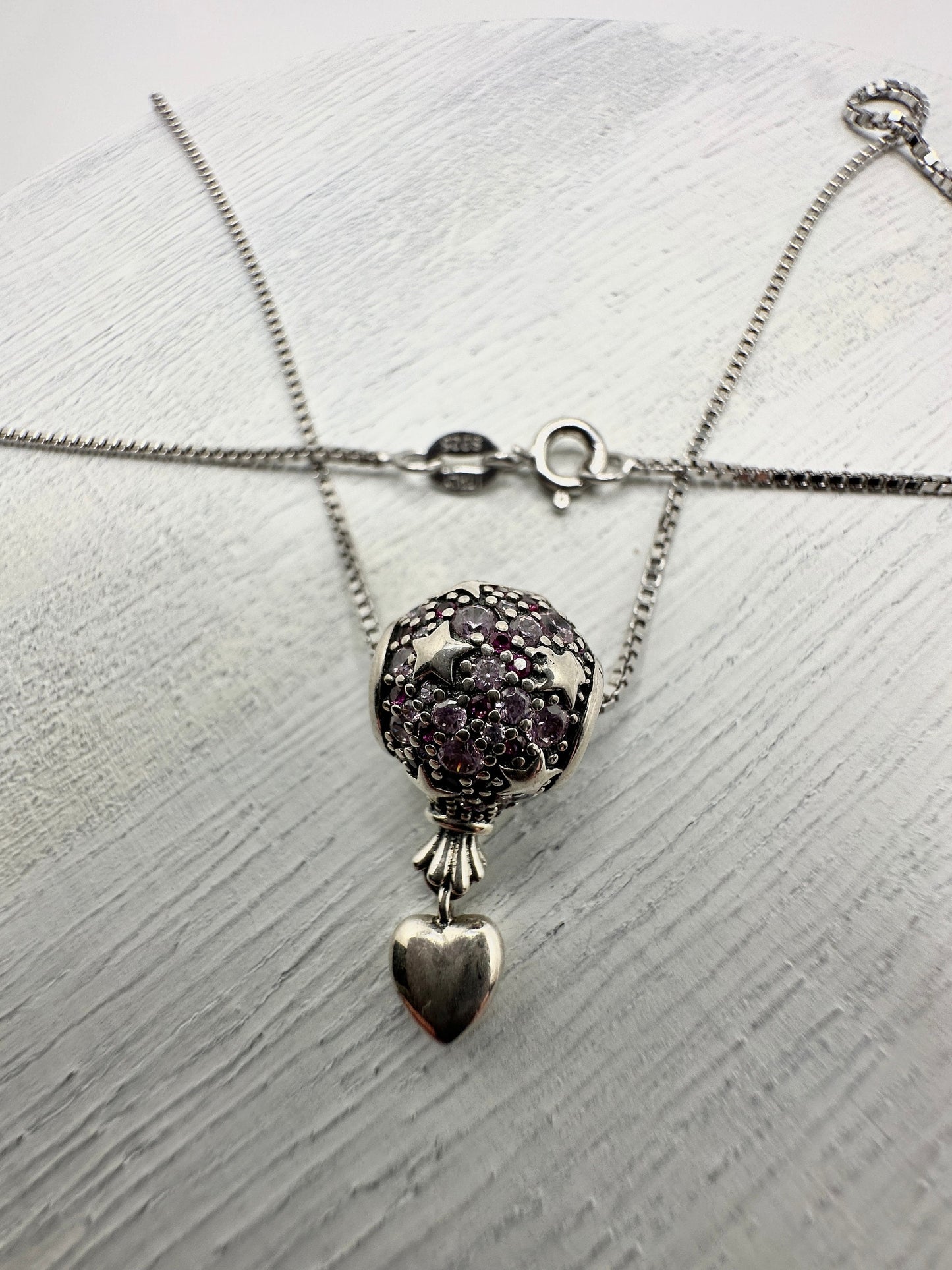 Air Balloon Rhinestone Necklace Pendant Star Accents with Dangling Heart on an 18” 925 Sterling Silver Box Chain