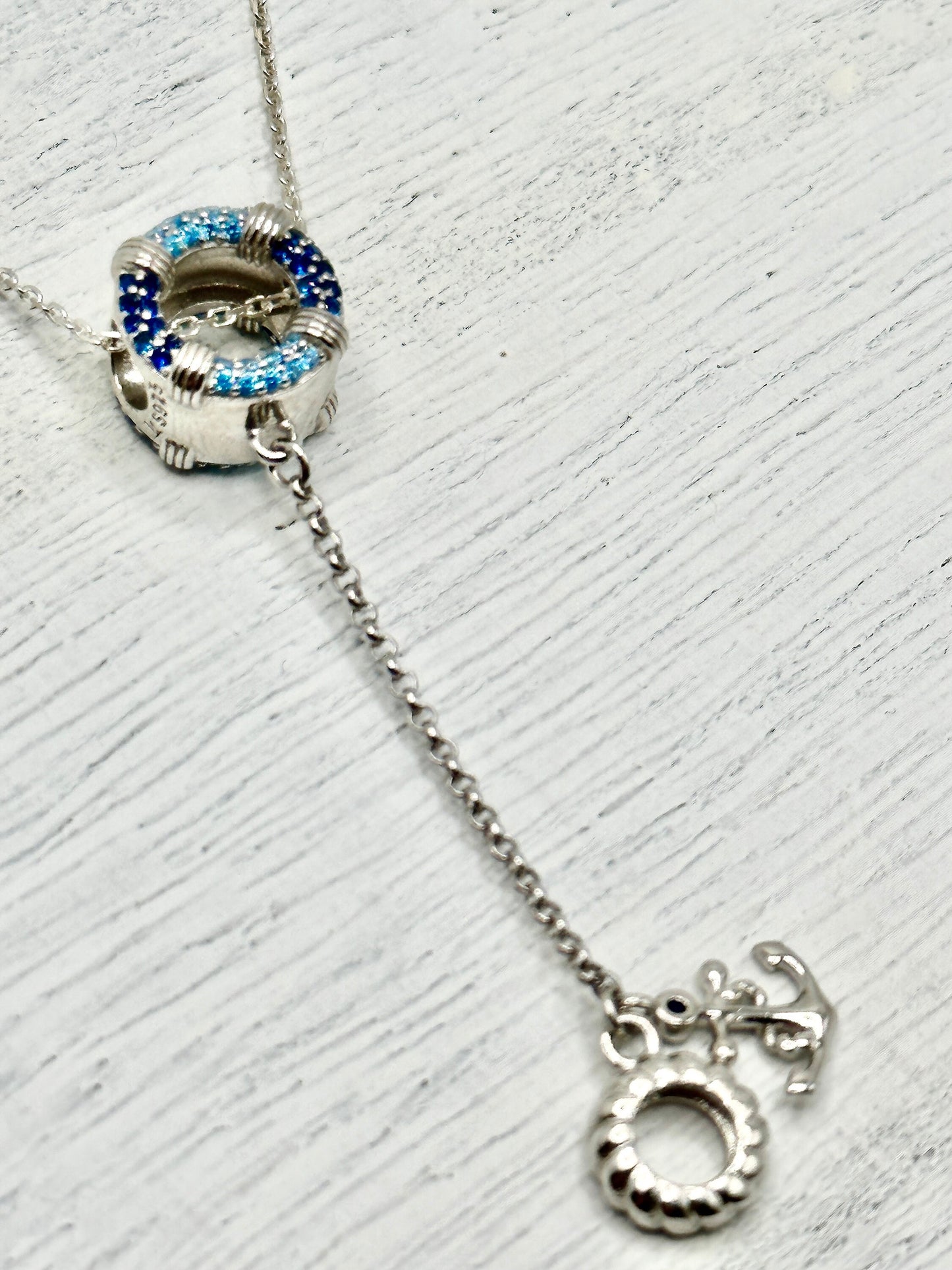 Nautical Anchor Blue Rhinestone September December Birthstone Necklace on an 18” 925 Sterling Silver Chain