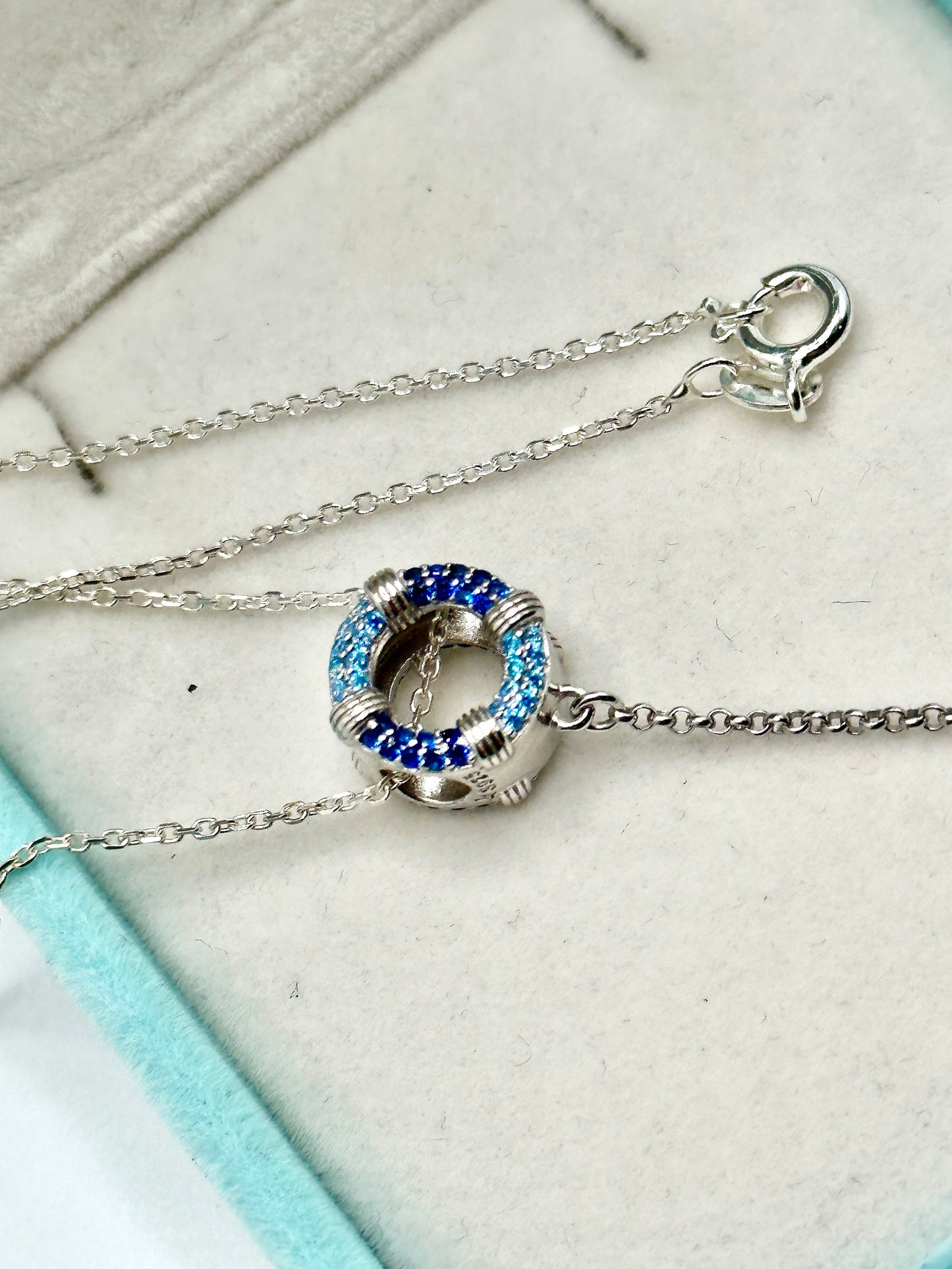 Nautical Anchor Blue Rhinestone September December Birthstone Necklace on an 18” 925 Sterling Silver Chain